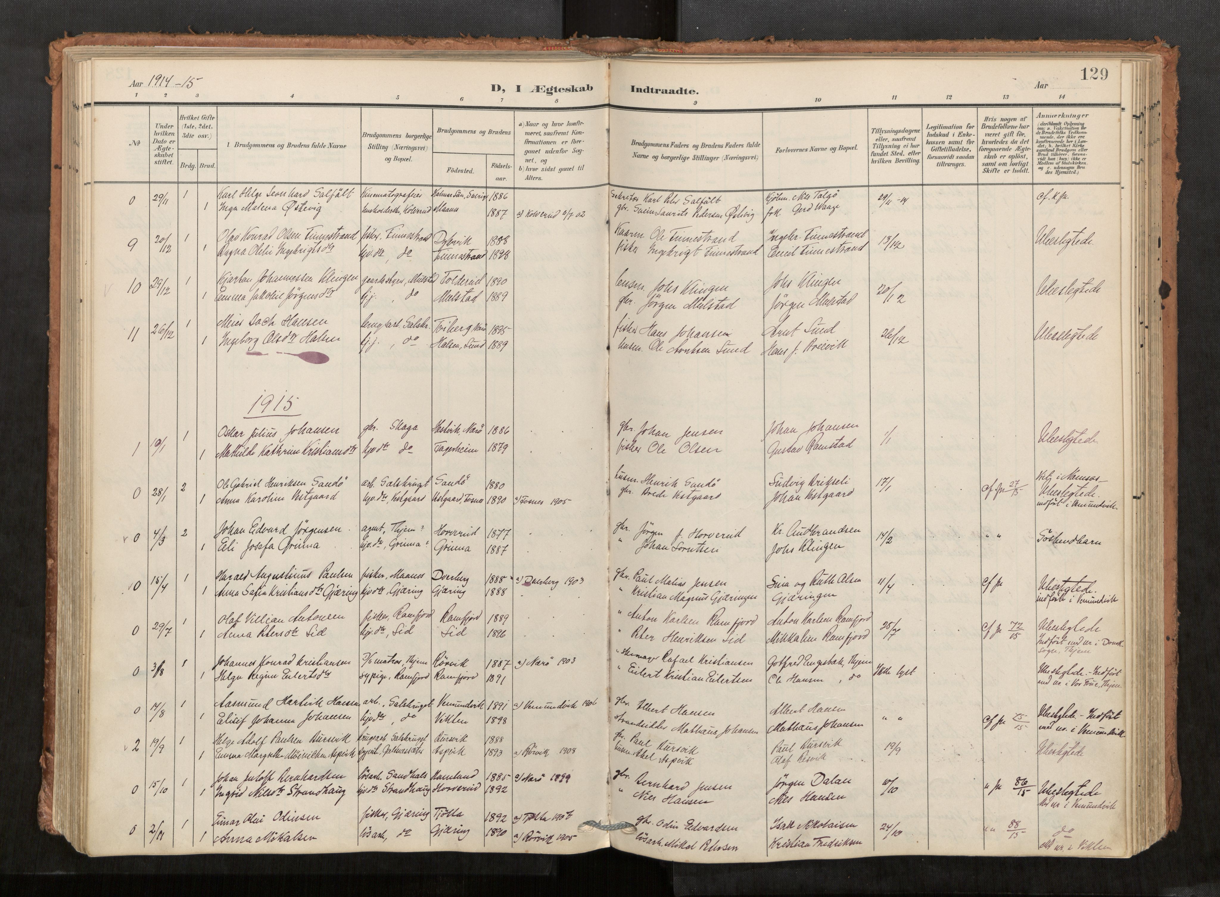 Kolvereid sokneprestkontor, SAT/A-1171/H/Ha/Haa/L0001: Parish register (official) no. 1, 1903-1922, p. 129