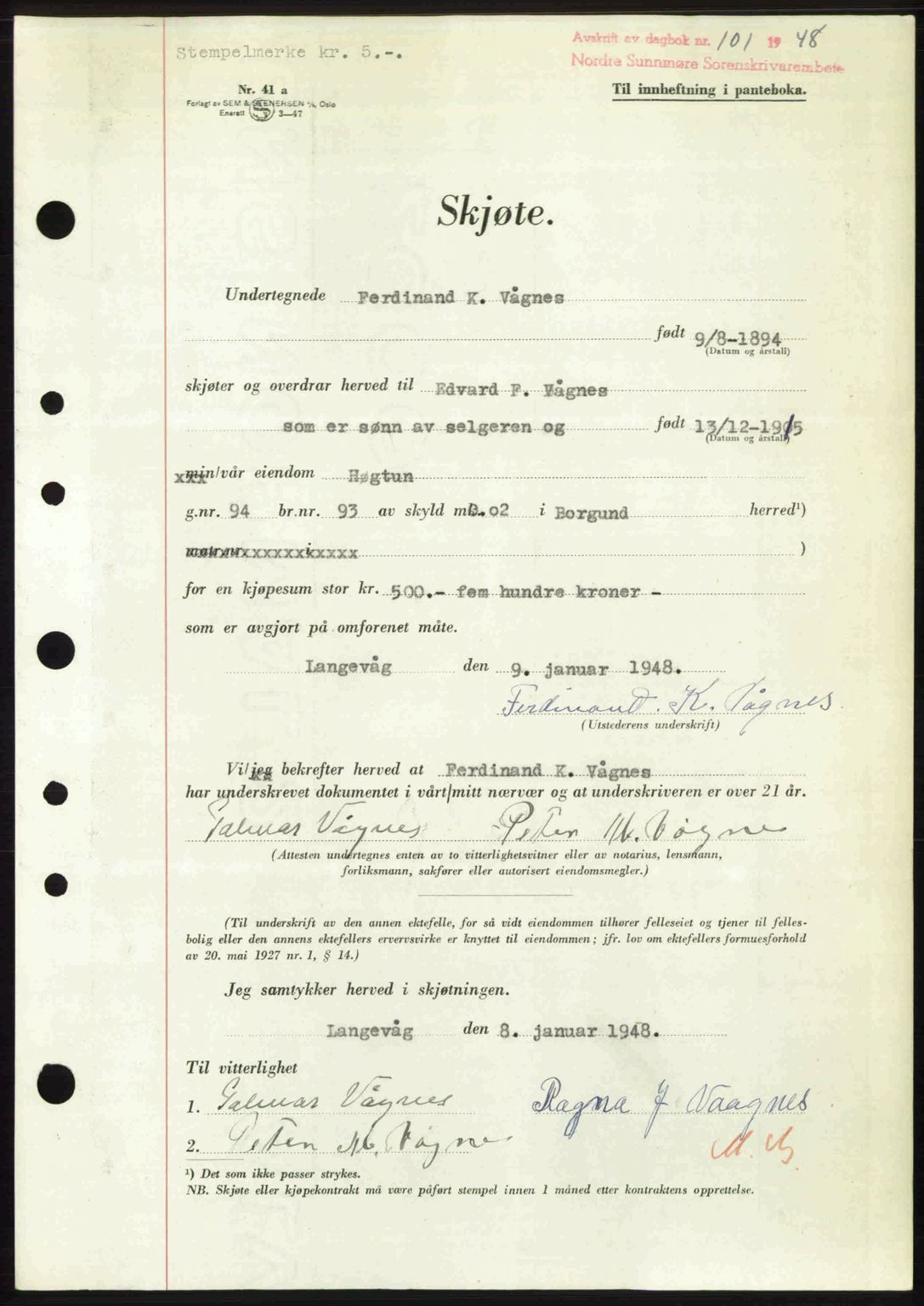 Nordre Sunnmøre sorenskriveri, AV/SAT-A-0006/1/2/2C/2Ca: Mortgage book no. A26, 1947-1948, Diary no: : 101/1948