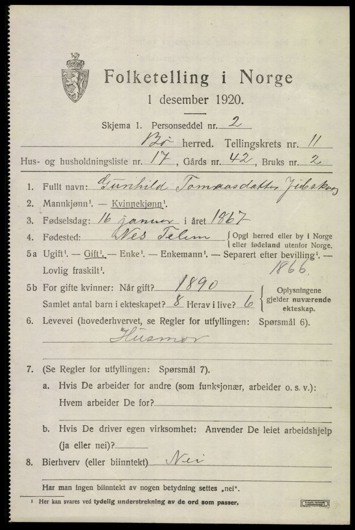 SAKO, 1920 census for Bø (Telemark), 1920, p. 6868