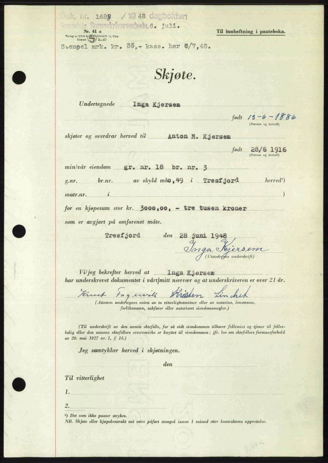 Romsdal sorenskriveri, AV/SAT-A-4149/1/2/2C: Mortgage book no. A26, 1948-1948, Diary no: : 1688/1948