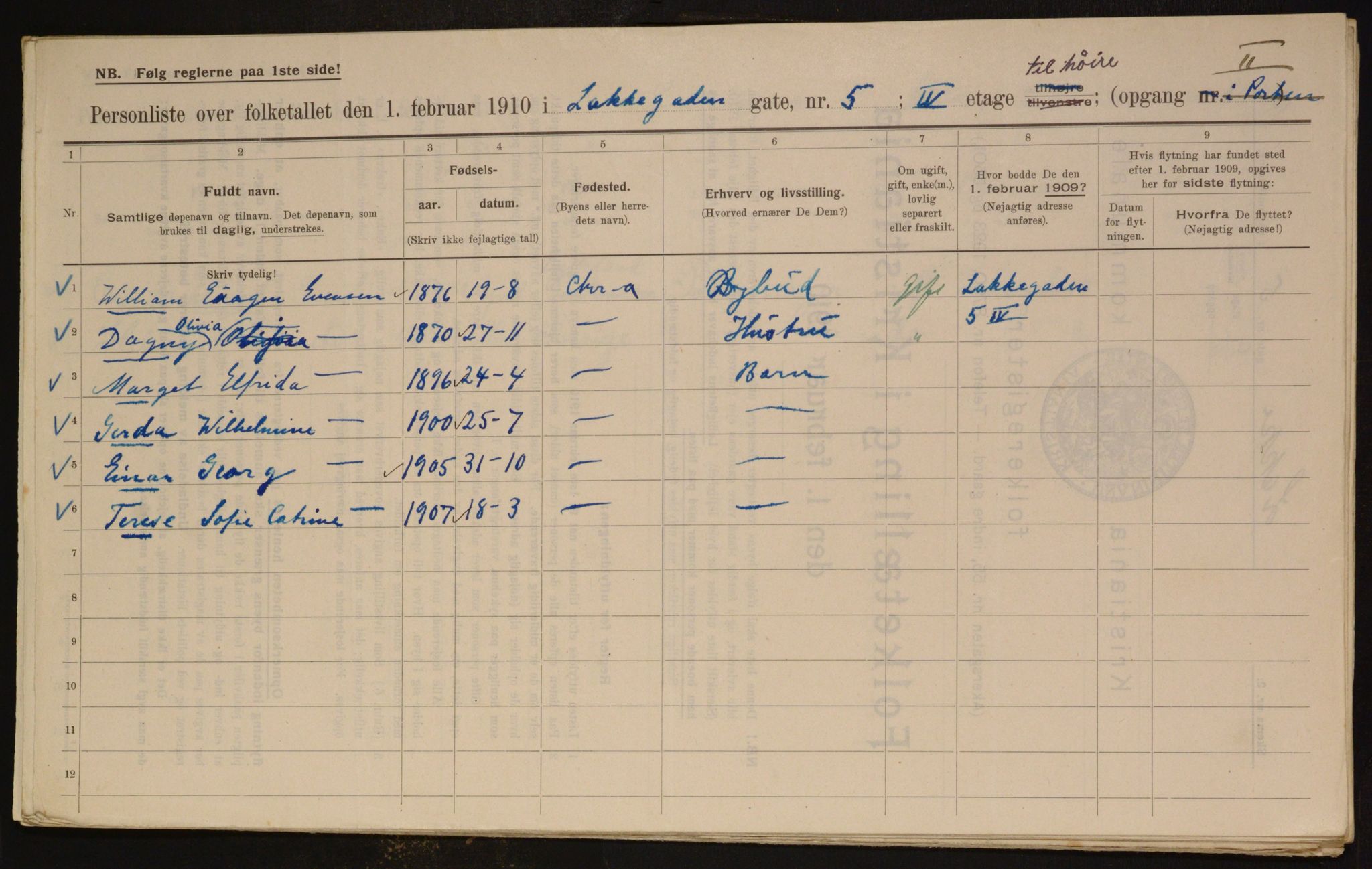 OBA, Municipal Census 1910 for Kristiania, 1910, p. 53370