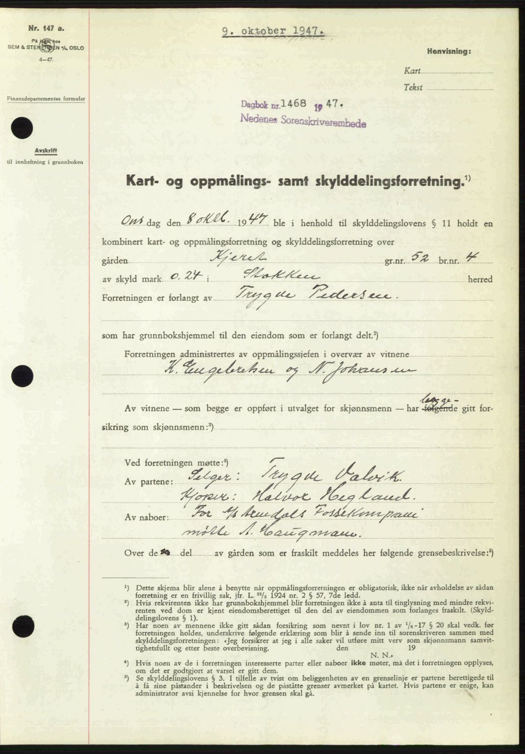 Nedenes sorenskriveri, AV/SAK-1221-0006/G/Gb/Gba/L0058: Mortgage book no. A10, 1947-1948, Diary no: : 1468/1947