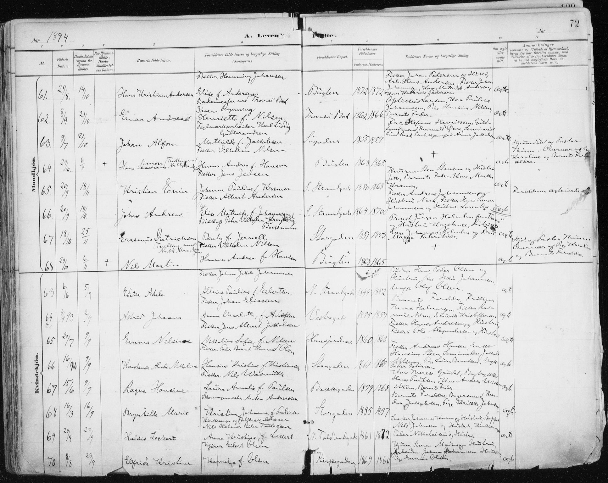 Tromsø sokneprestkontor/stiftsprosti/domprosti, AV/SATØ-S-1343/G/Ga/L0015kirke: Parish register (official) no. 15, 1889-1899, p. 72