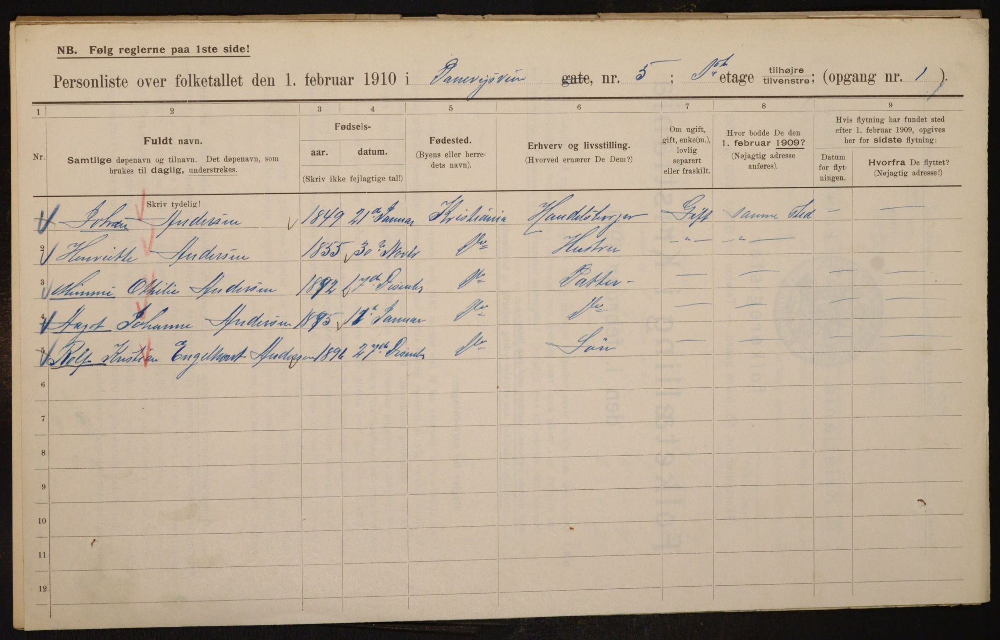 OBA, Municipal Census 1910 for Kristiania, 1910, p. 14457