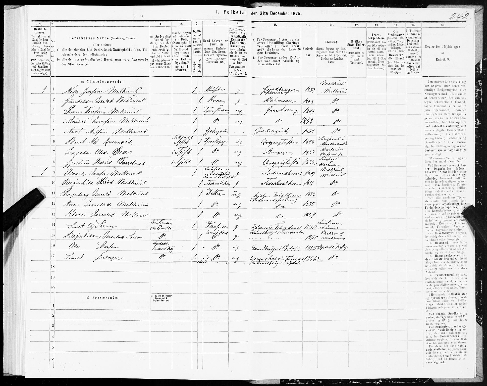 SAT, 1875 census for 1653P Melhus, 1875, p. 3242