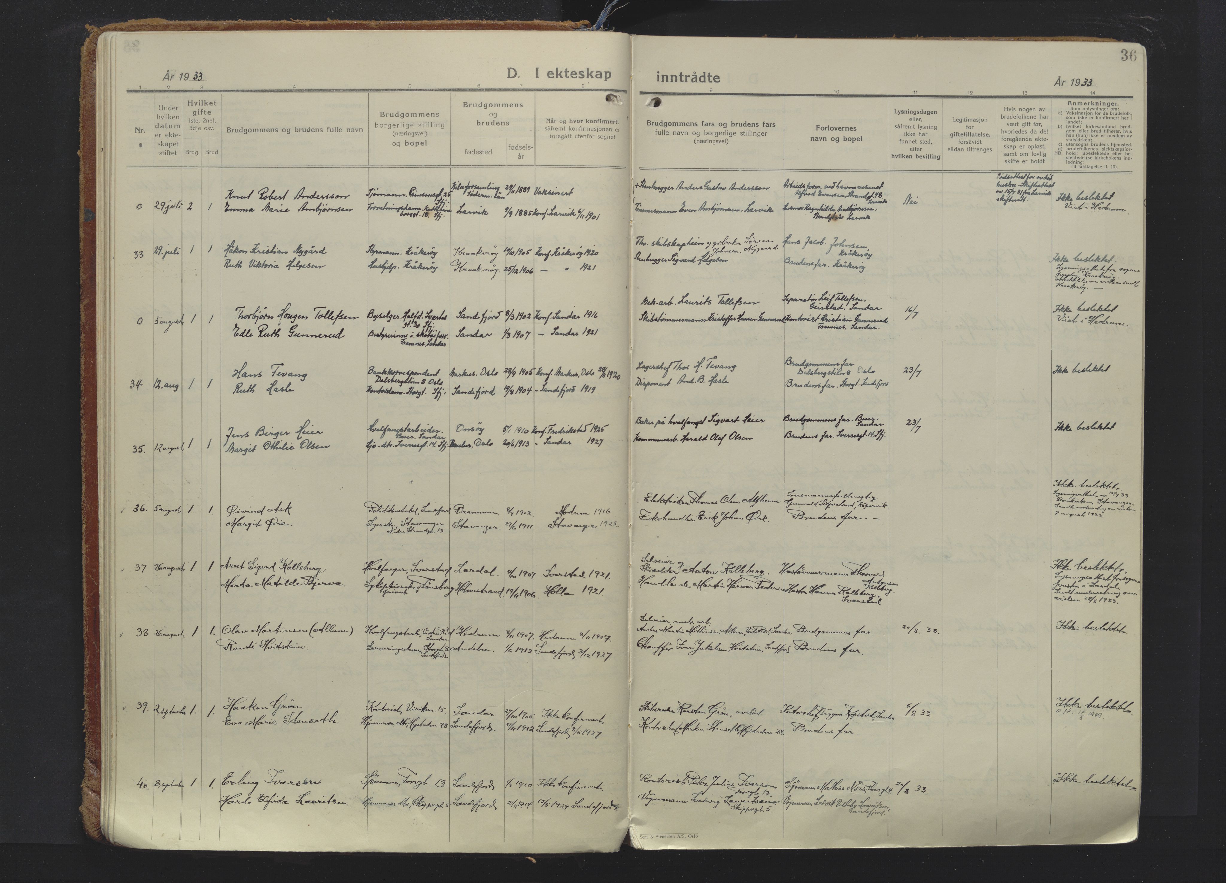 Sandefjord kirkebøker, AV/SAKO-A-315/F/Fa/L0009: Parish register (official) no. 9, 1926-1945, p. 36