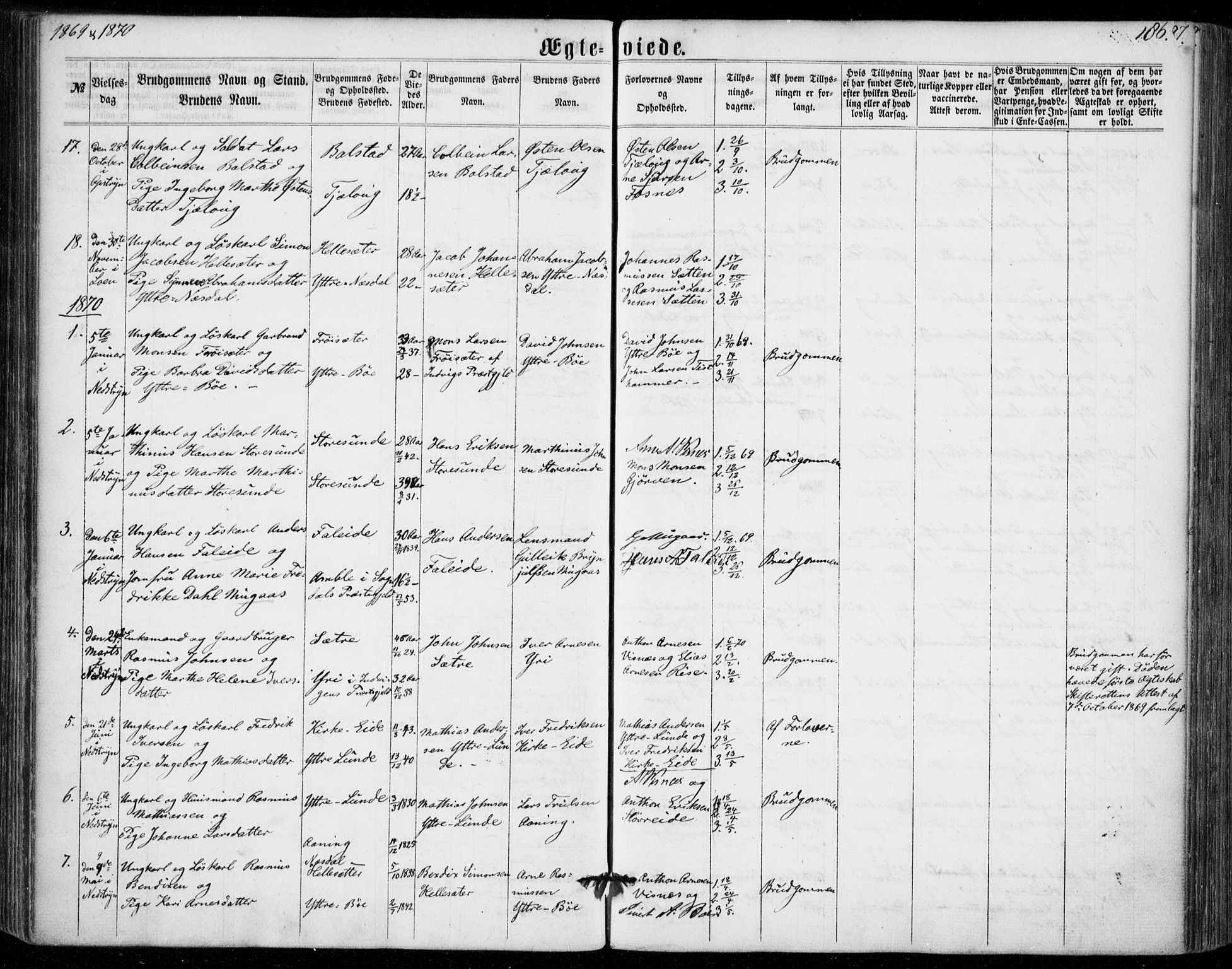 Stryn Sokneprestembete, AV/SAB-A-82501: Parish register (official) no. A 3, 1862-1877, p. 186