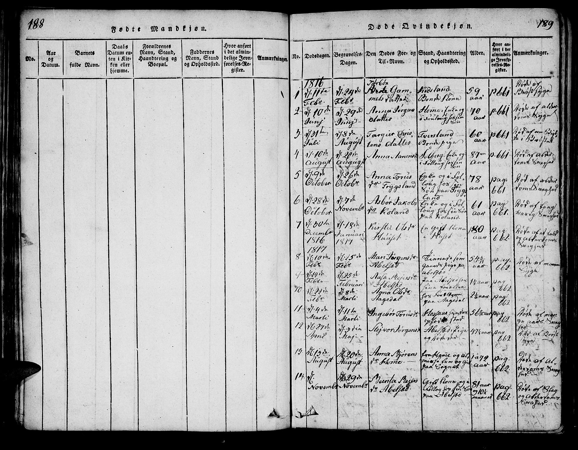 Bjelland sokneprestkontor, SAK/1111-0005/F/Fa/Faa/L0002: Parish register (official) no. A 2, 1816-1866, p. 188-189