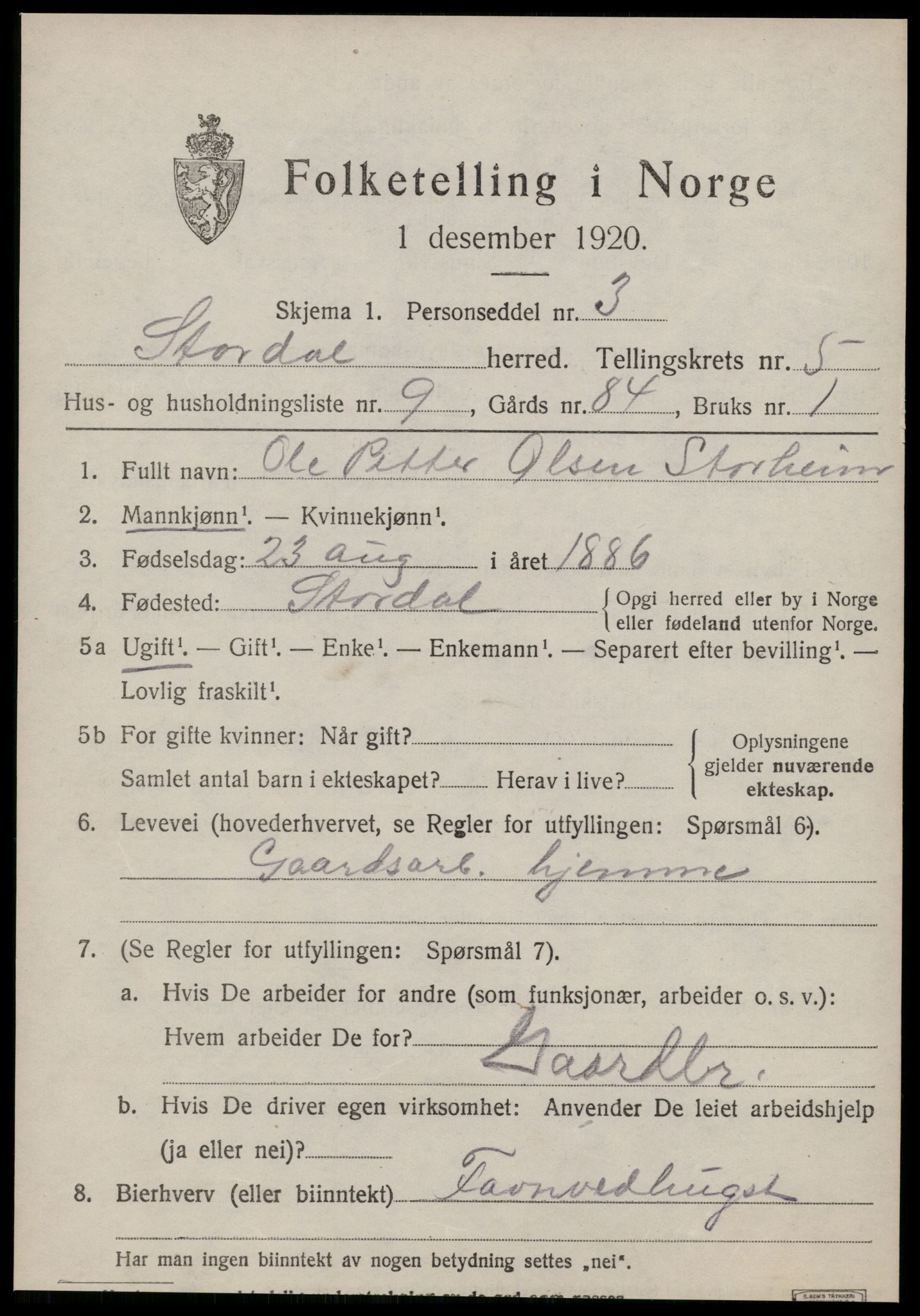 SAT, 1920 census for Stordal, 1920, p. 1640