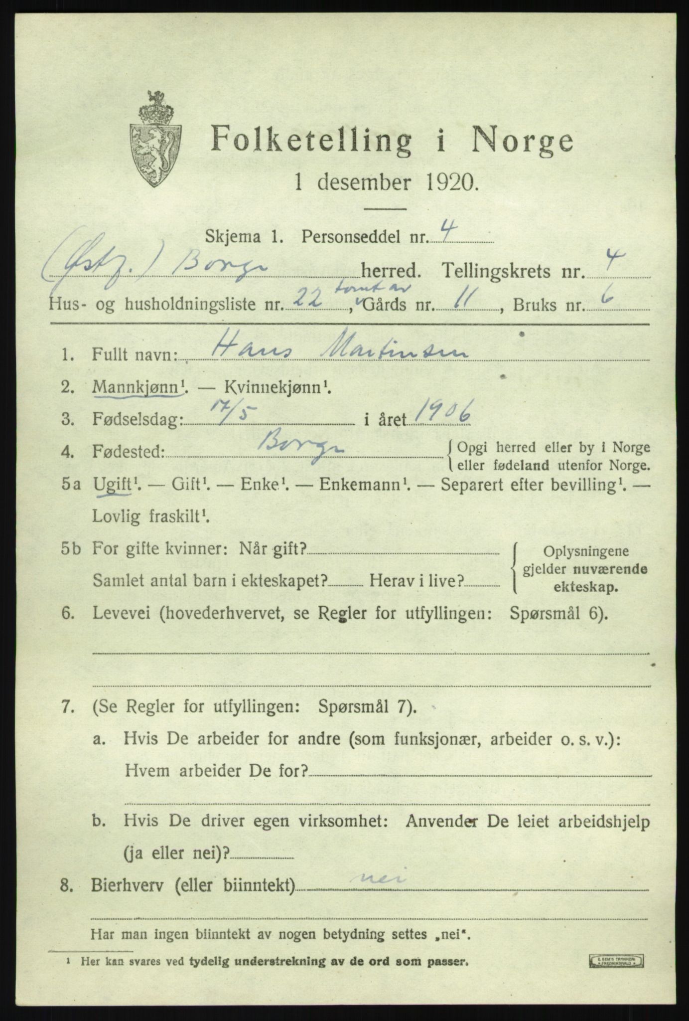 SAO, 1920 census for Borge, 1920, p. 8011