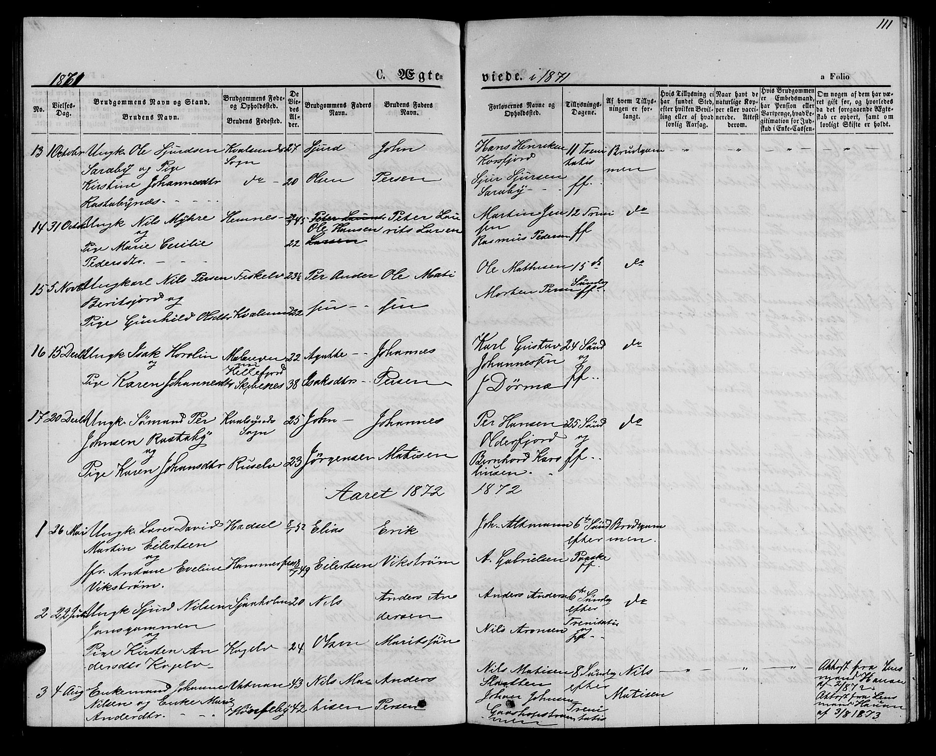 Hammerfest sokneprestkontor, SATØ/S-1347/H/Hb/L0005.klokk: Parish register (copy) no. 5, 1869-1884, p. 111