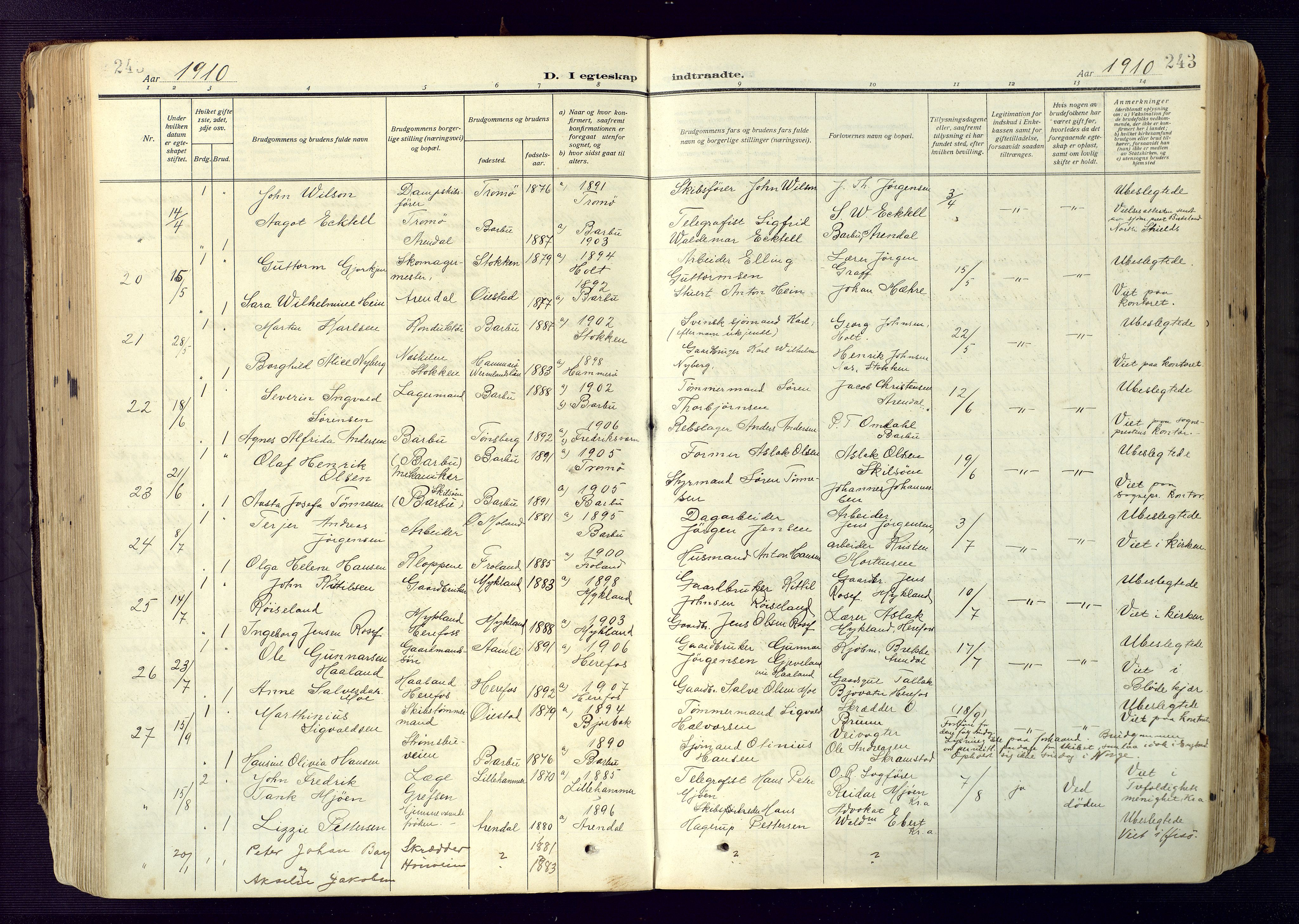 Barbu sokneprestkontor, AV/SAK-1111-0003/F/Fa/L0006: Parish register (official) no. A 6, 1910-1929, p. 243