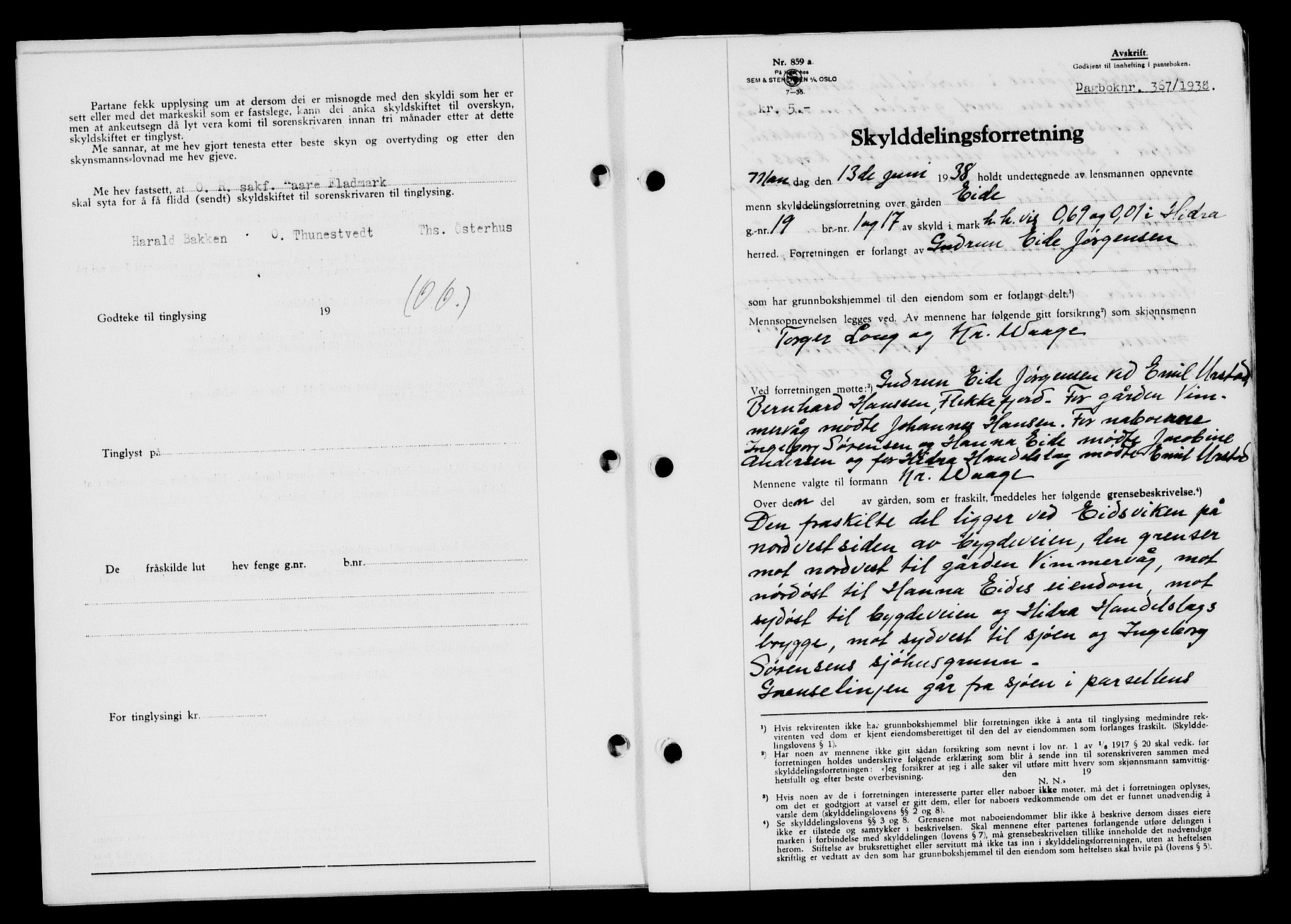 Flekkefjord sorenskriveri, SAK/1221-0001/G/Gb/Gba/L0054: Mortgage book no. A-2, 1937-1938, Diary no: : 367/1938