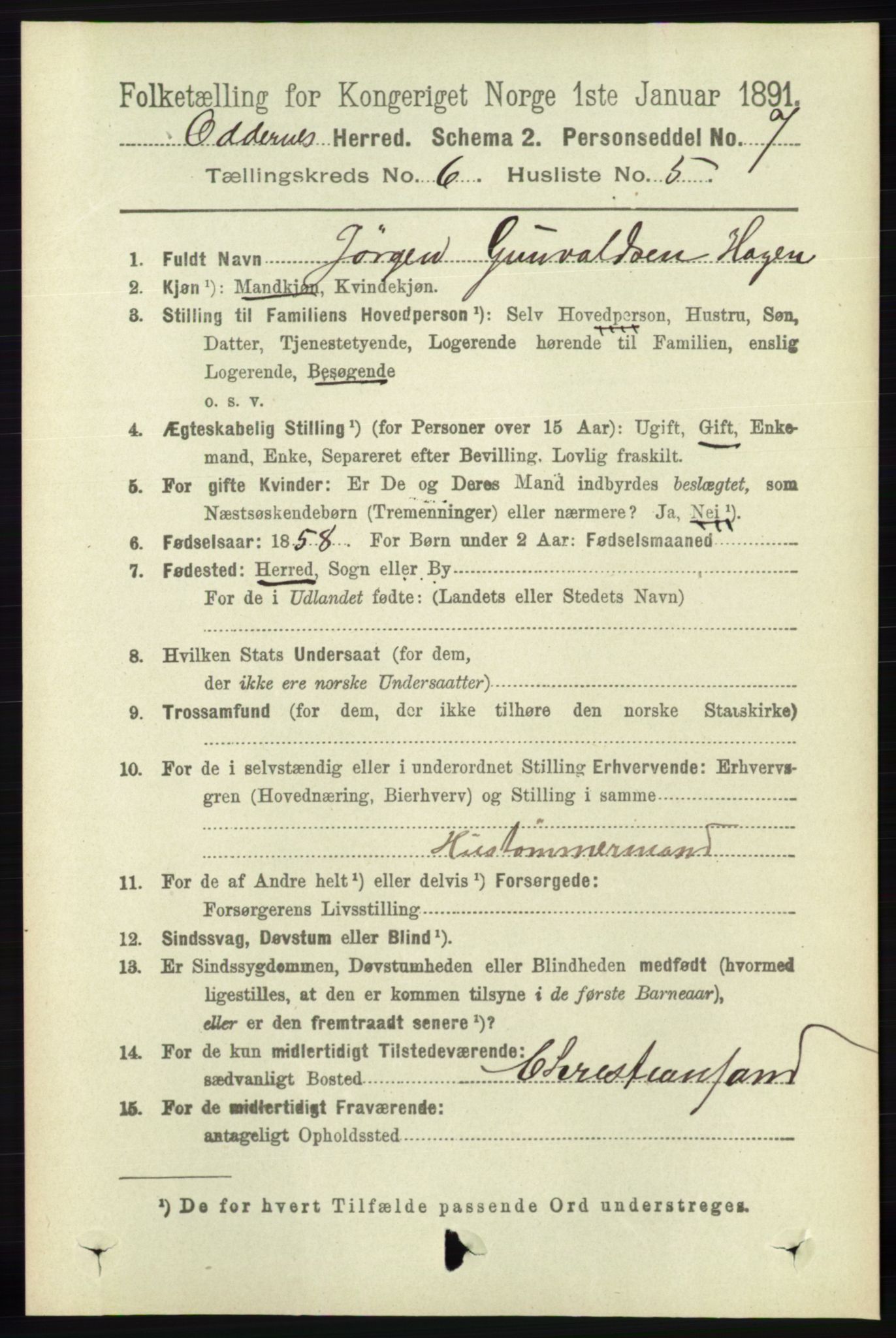 RA, 1891 census for 1012 Oddernes, 1891, p. 2218