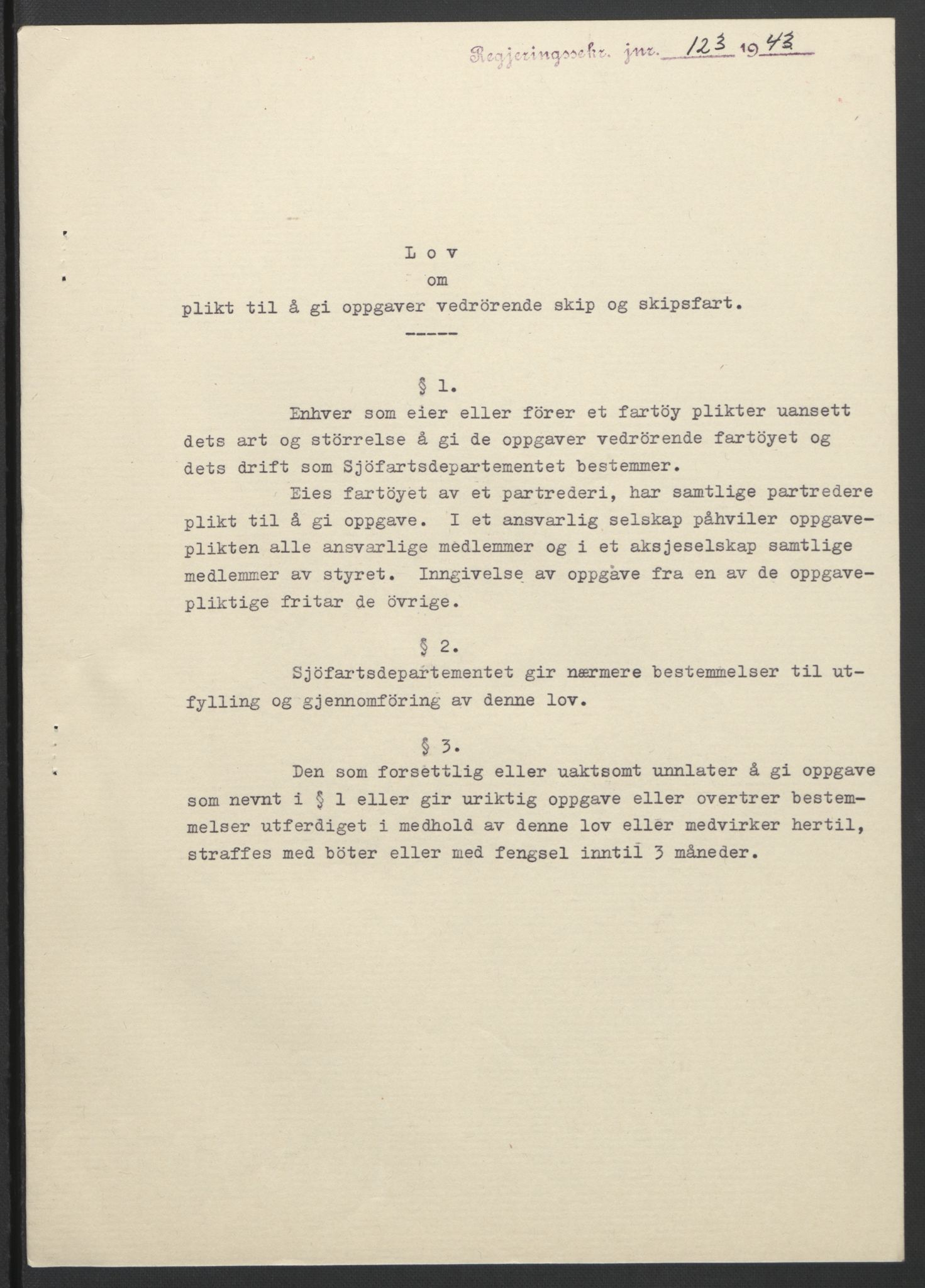 NS-administrasjonen 1940-1945 (Statsrådsekretariatet, de kommisariske statsråder mm), RA/S-4279/D/Db/L0099: Lover, 1943, p. 277