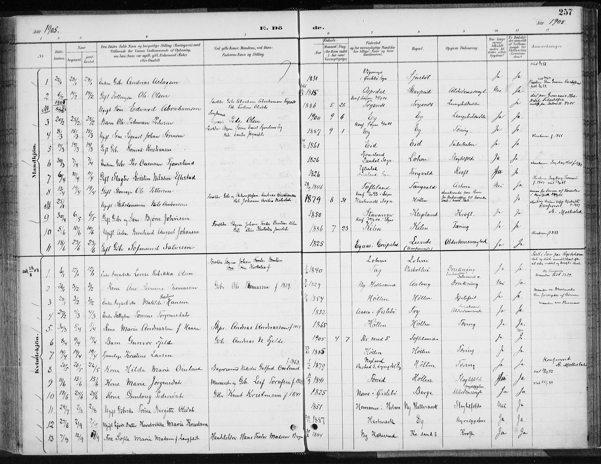 Søgne sokneprestkontor, SAK/1111-0037/F/Fa/Fab/L0013: Parish register (official) no. A 13, 1892-1911, p. 257