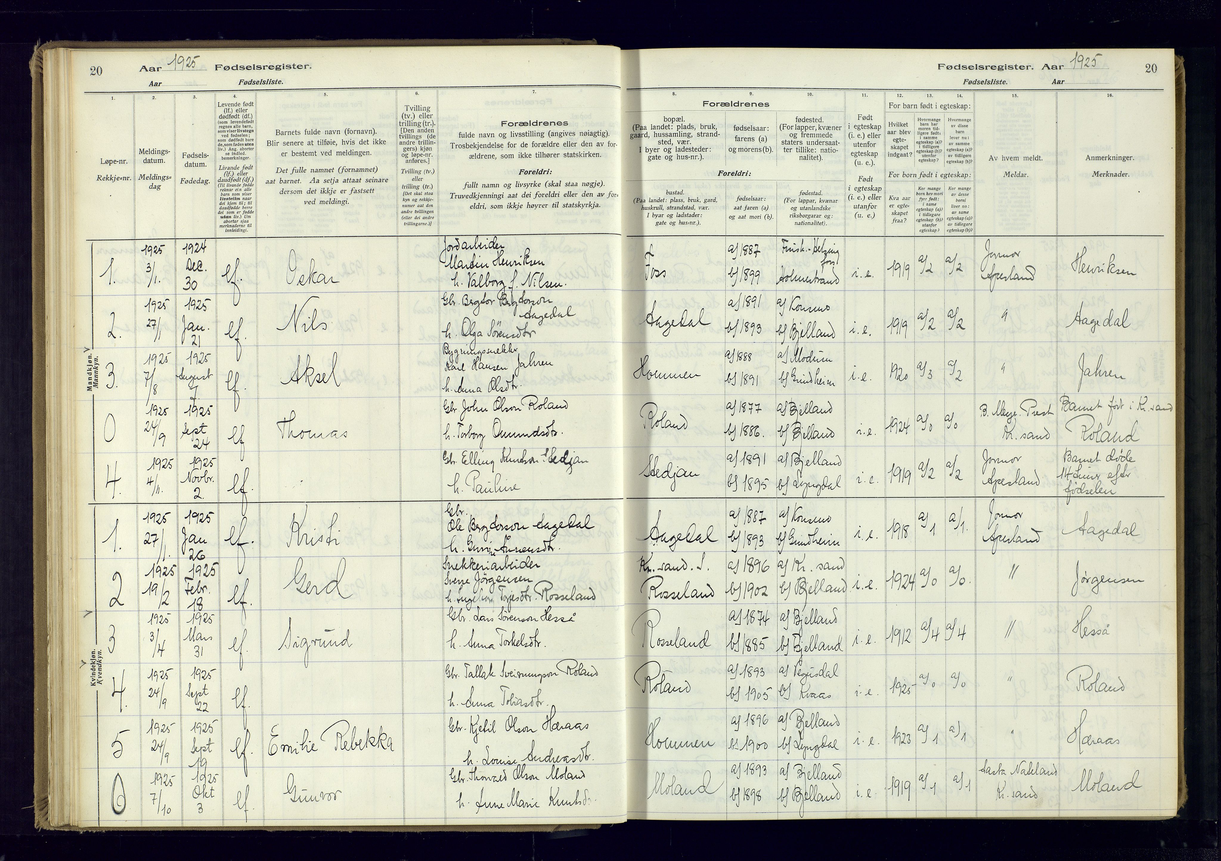 Bjelland sokneprestkontor, SAK/1111-0005/J/Ja/L0001: Birth register no. II.4.2, 1916-1982, p. 20