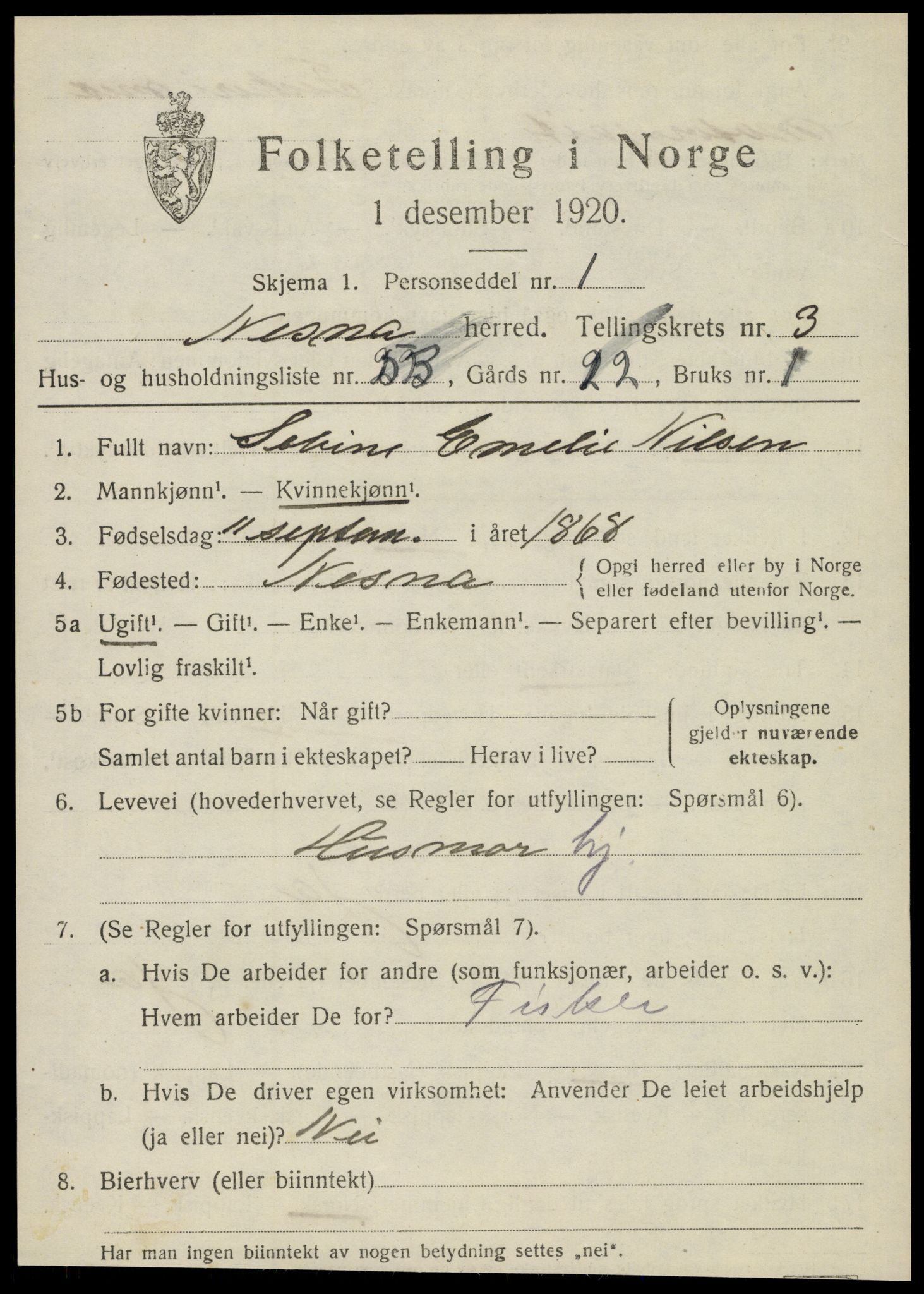 SAT, 1920 census for Nesna, 1920, p. 3235