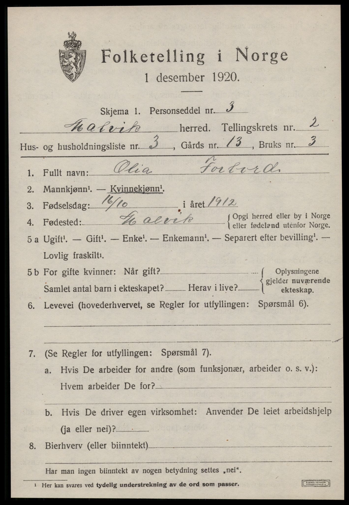 SAT, 1920 census for Malvik, 1920, p. 1860