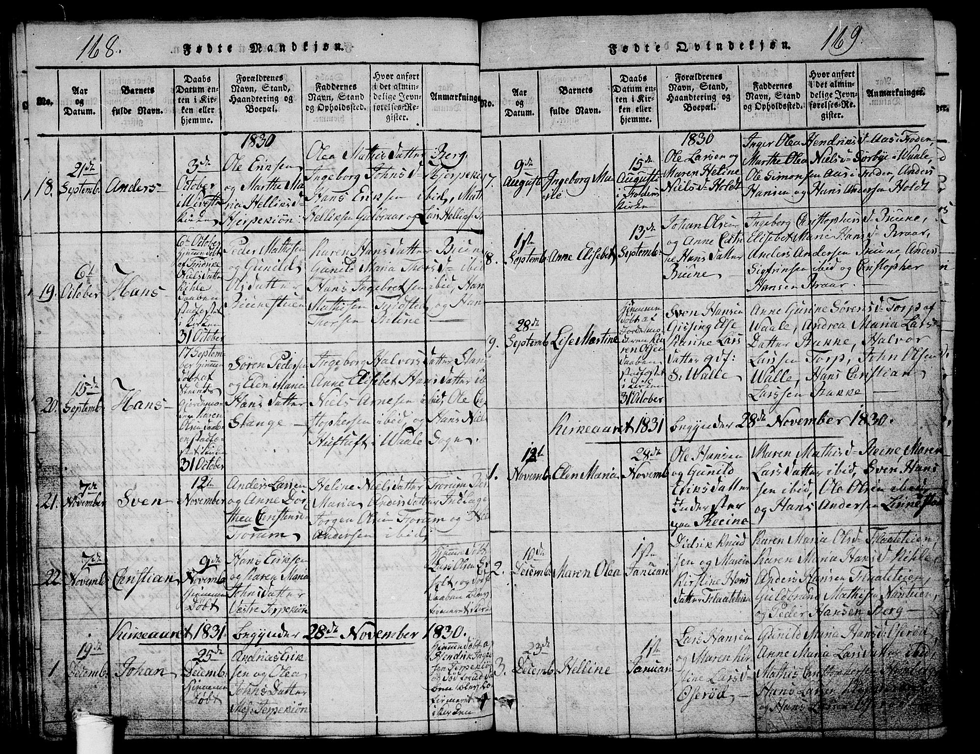 Ramnes kirkebøker, AV/SAKO-A-314/G/Ga/L0001: Parish register (copy) no. I 1, 1813-1847, p. 168-169