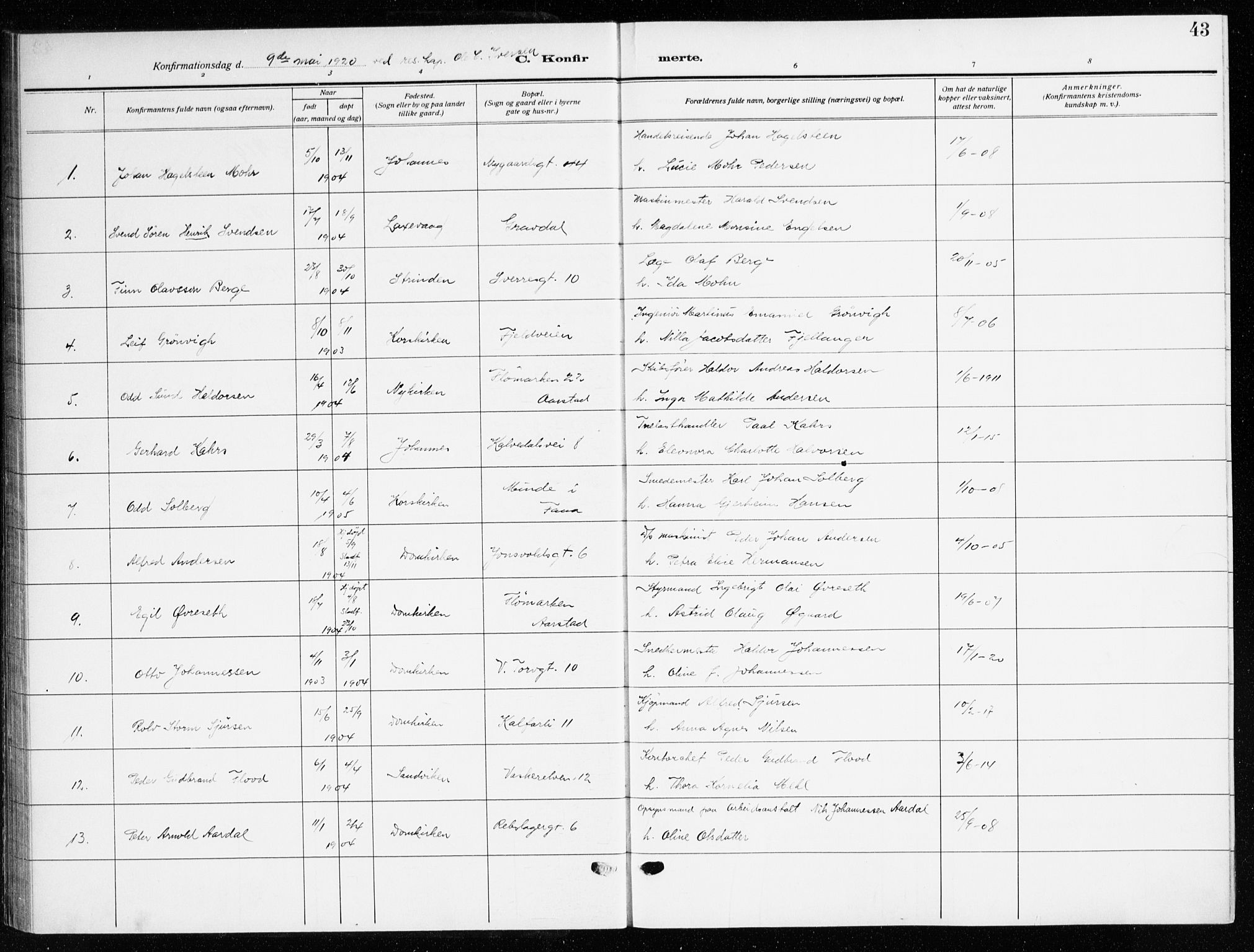 Domkirken sokneprestembete, SAB/A-74801/H/Haa/L0032: Parish register (official) no. C 7, 1915-1930, p. 43