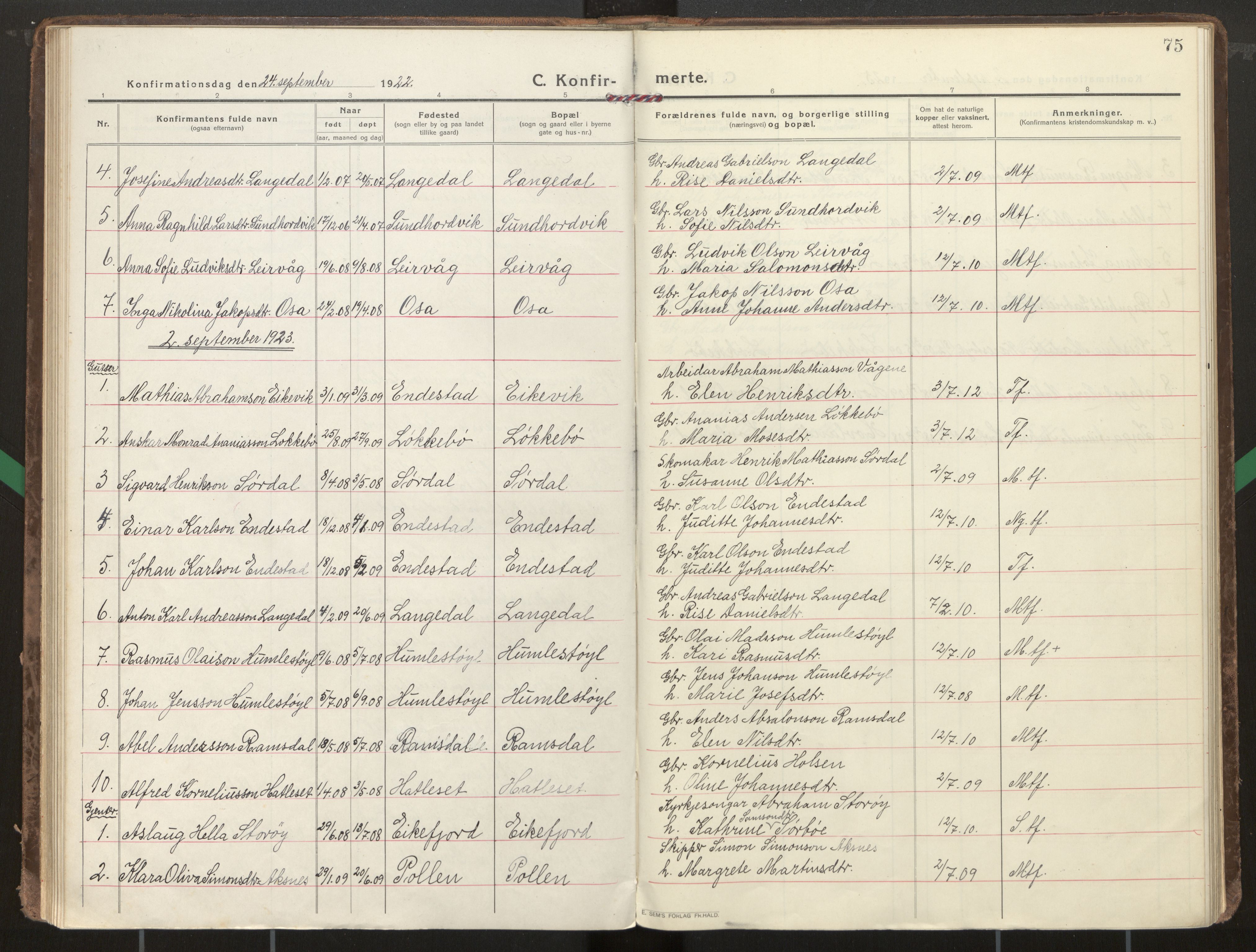 Kinn sokneprestembete, AV/SAB-A-80801/H/Haa/Haae/L0002: Parish register (official) no. E 2, 1917-1937, p. 75