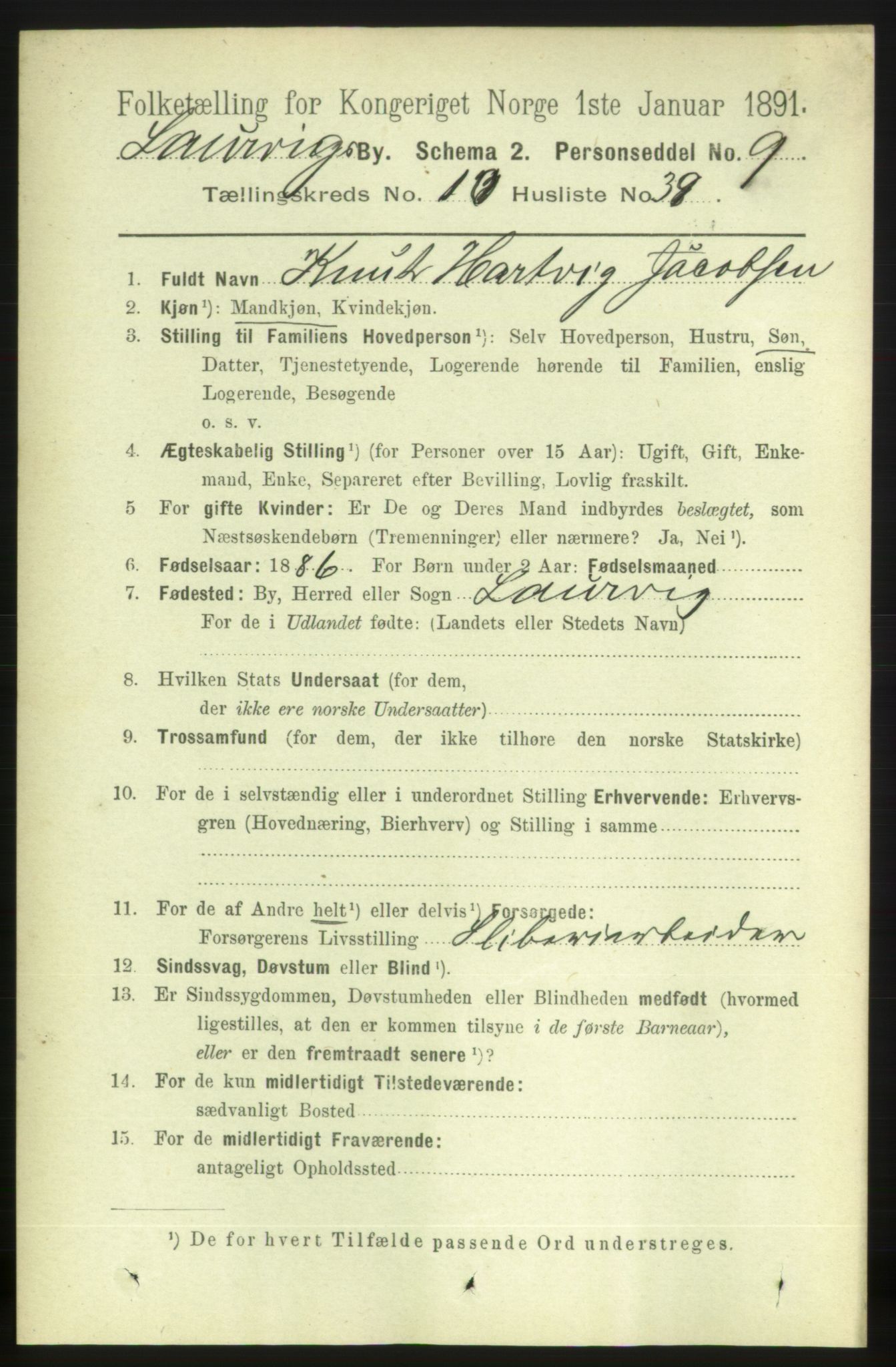 RA, 1891 census for 0707 Larvik, 1891, p. 9423