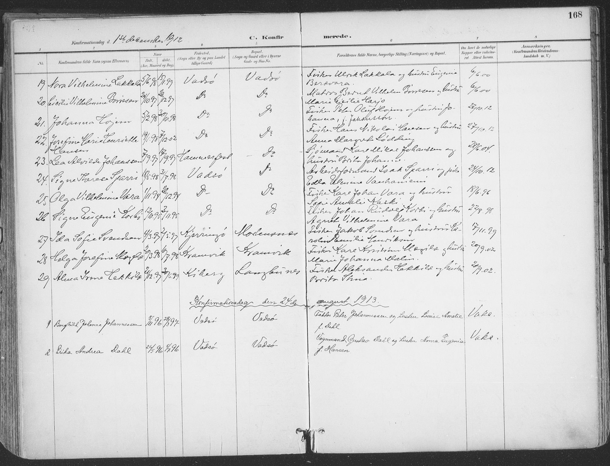 Vadsø sokneprestkontor, SATØ/S-1325/H/Ha/L0007kirke: Parish register (official) no. 7, 1896-1916, p. 168