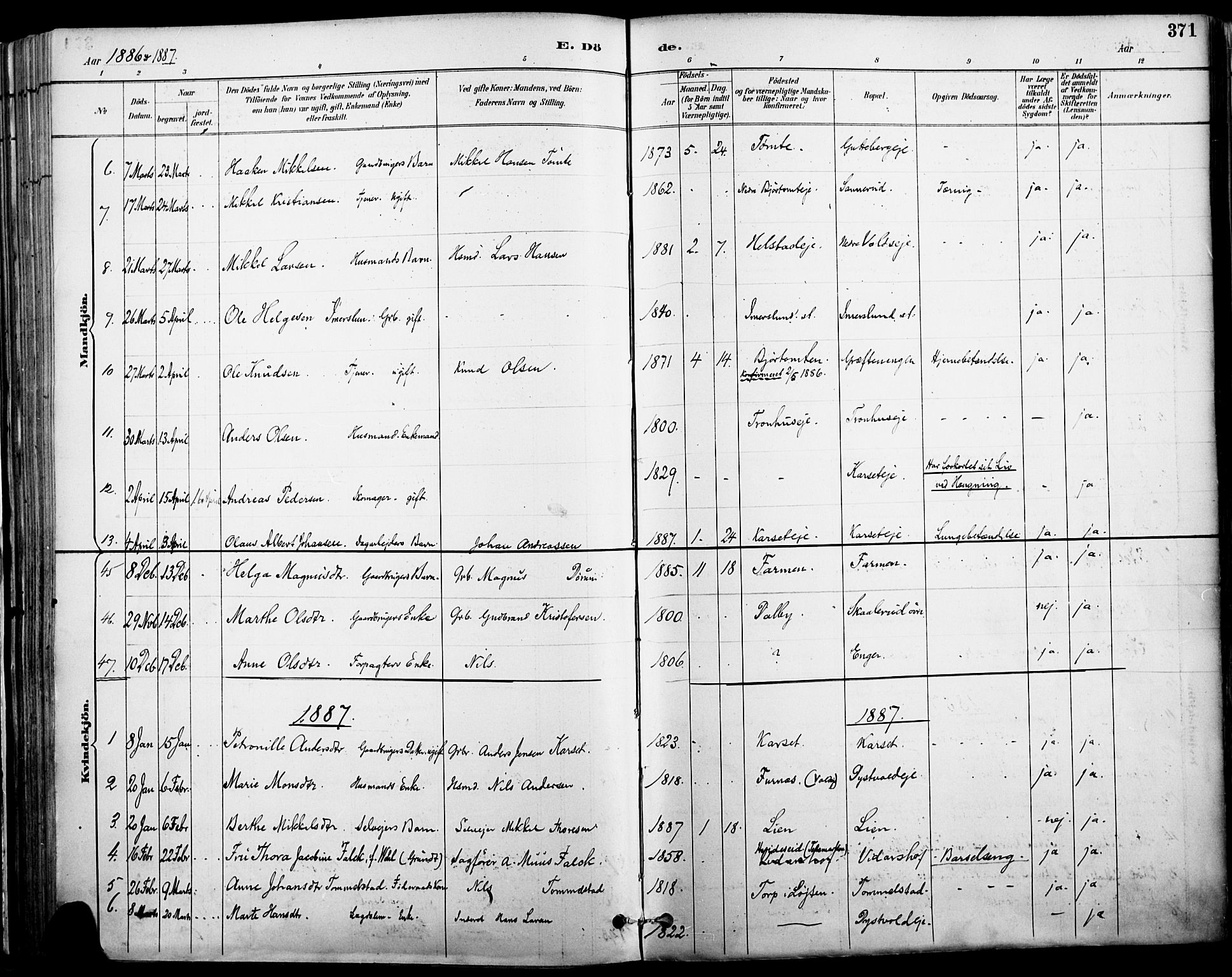 Vang prestekontor, Hedmark, SAH/PREST-008/H/Ha/Haa/L0019A: Parish register (official) no. 19, 1886-1900, p. 371