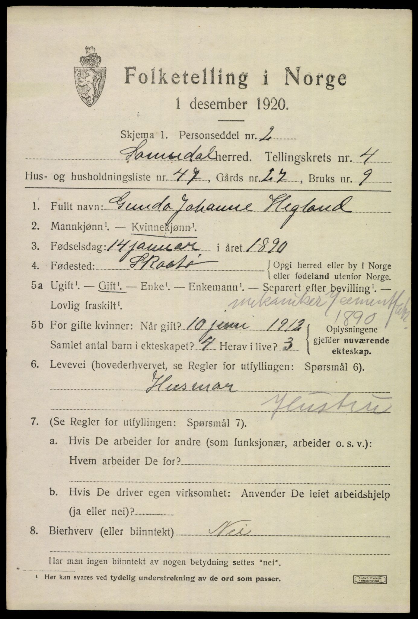 SAKO, 1920 census for Sannidal, 1920, p. 4049