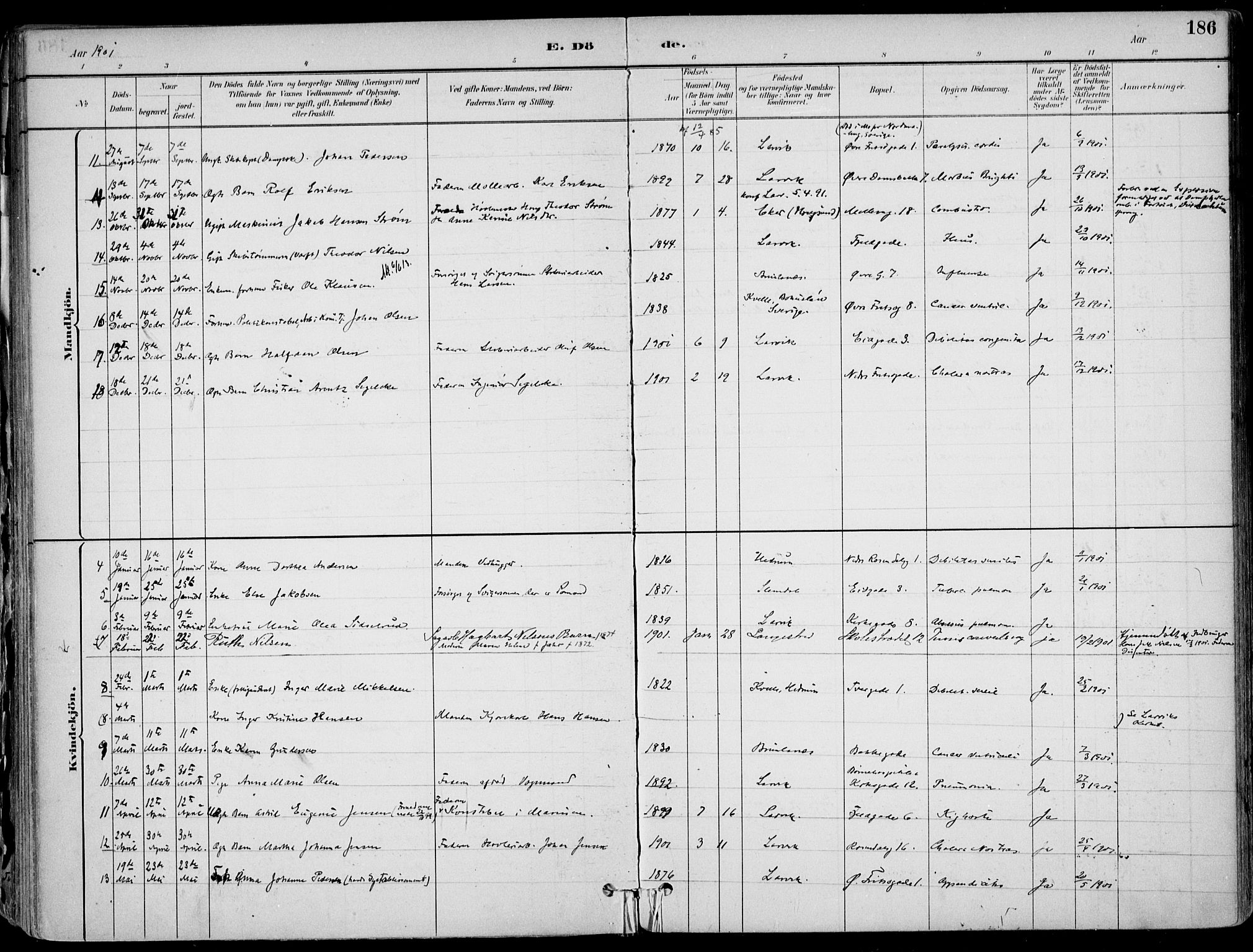 Larvik kirkebøker, SAKO/A-352/F/Fb/L0004: Parish register (official) no. II 4, 1884-1902, p. 186
