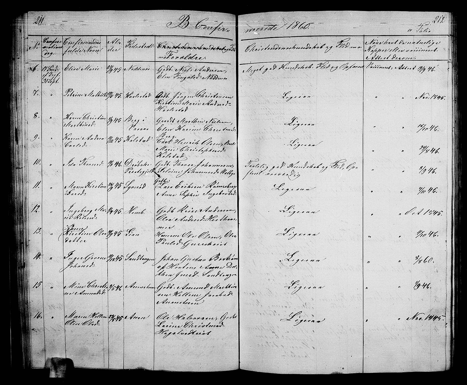 Hof kirkebøker, AV/SAKO-A-64/G/Ga/L0002: Parish register (copy) no. I 2, 1859-1873, p. 211-212