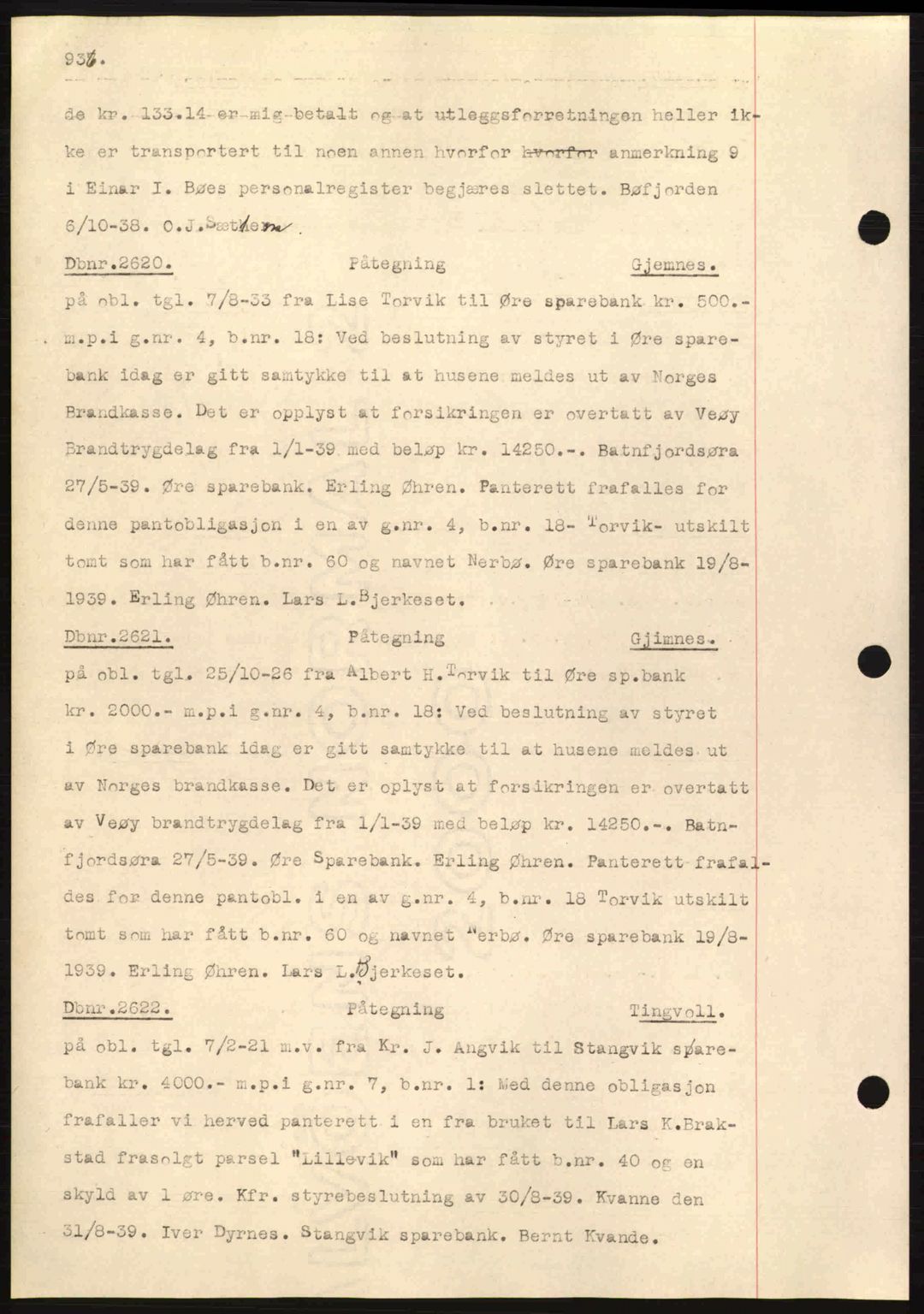 Nordmøre sorenskriveri, AV/SAT-A-4132/1/2/2Ca: Mortgage book no. C80, 1936-1939, Diary no: : 2620/1939