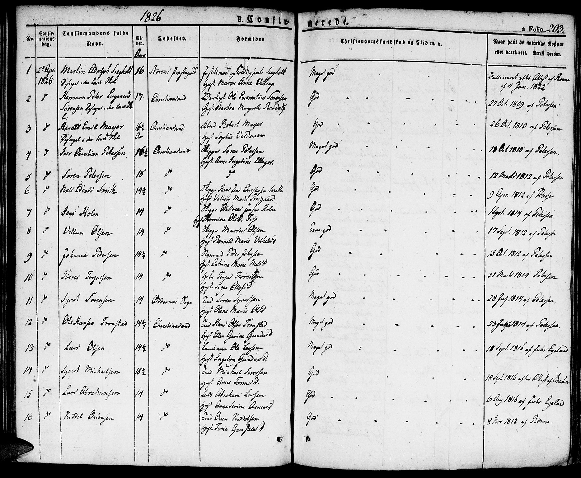 Kristiansand domprosti, SAK/1112-0006/F/Fa/L0009: Parish register (official) no. A 9, 1821-1827, p. 203