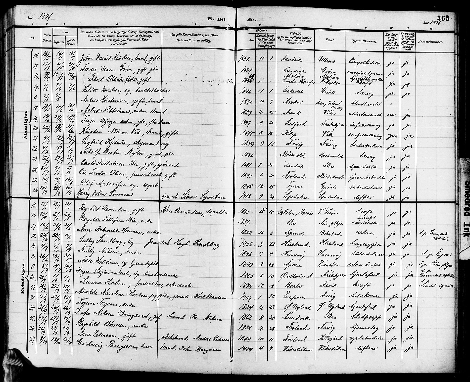 Fjære sokneprestkontor, SAK/1111-0011/F/Fb/L0012: Parish register (copy) no. B 12, 1902-1925, p. 365
