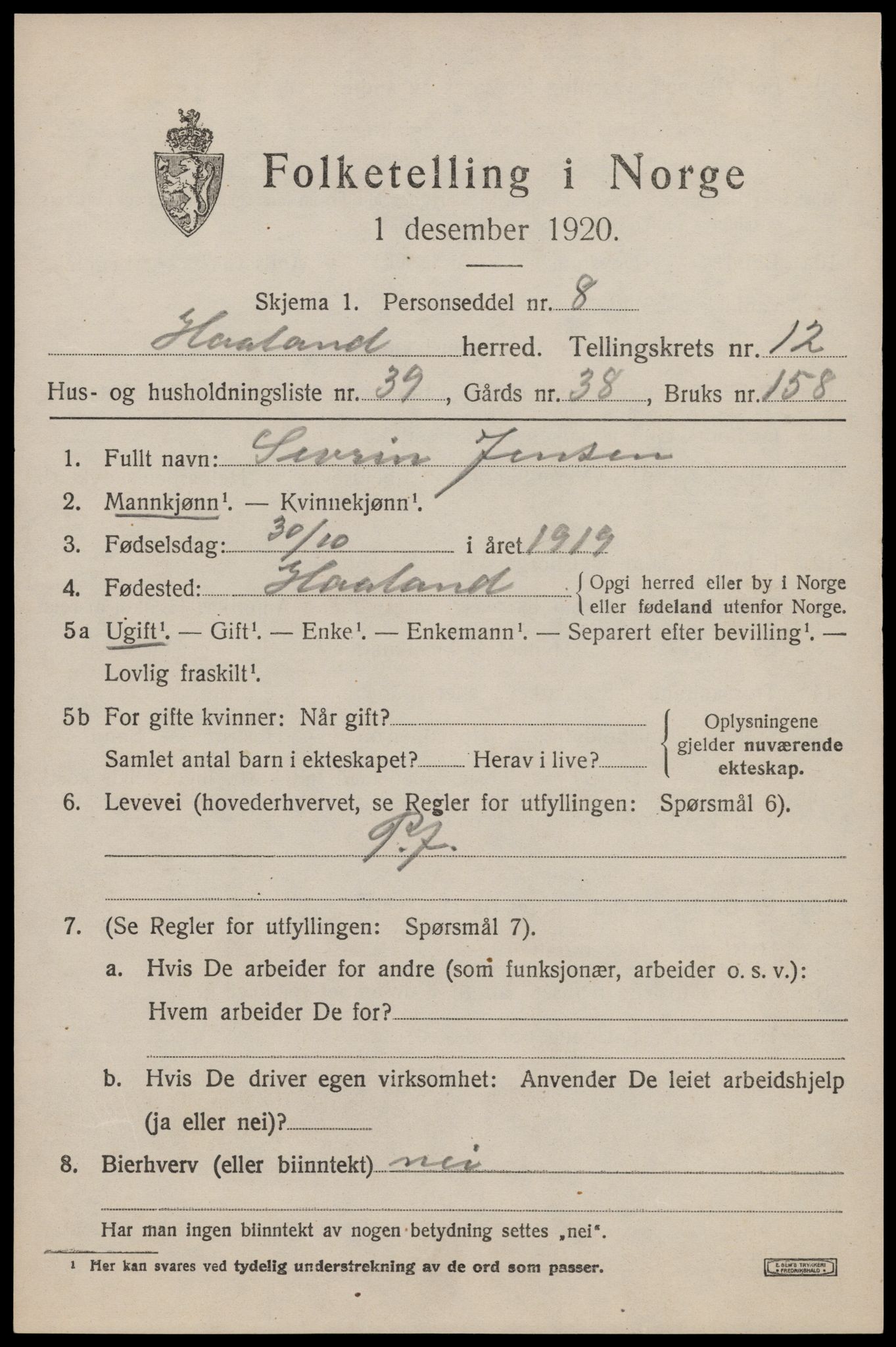 SAST, 1920 census for Håland, 1920, p. 9225