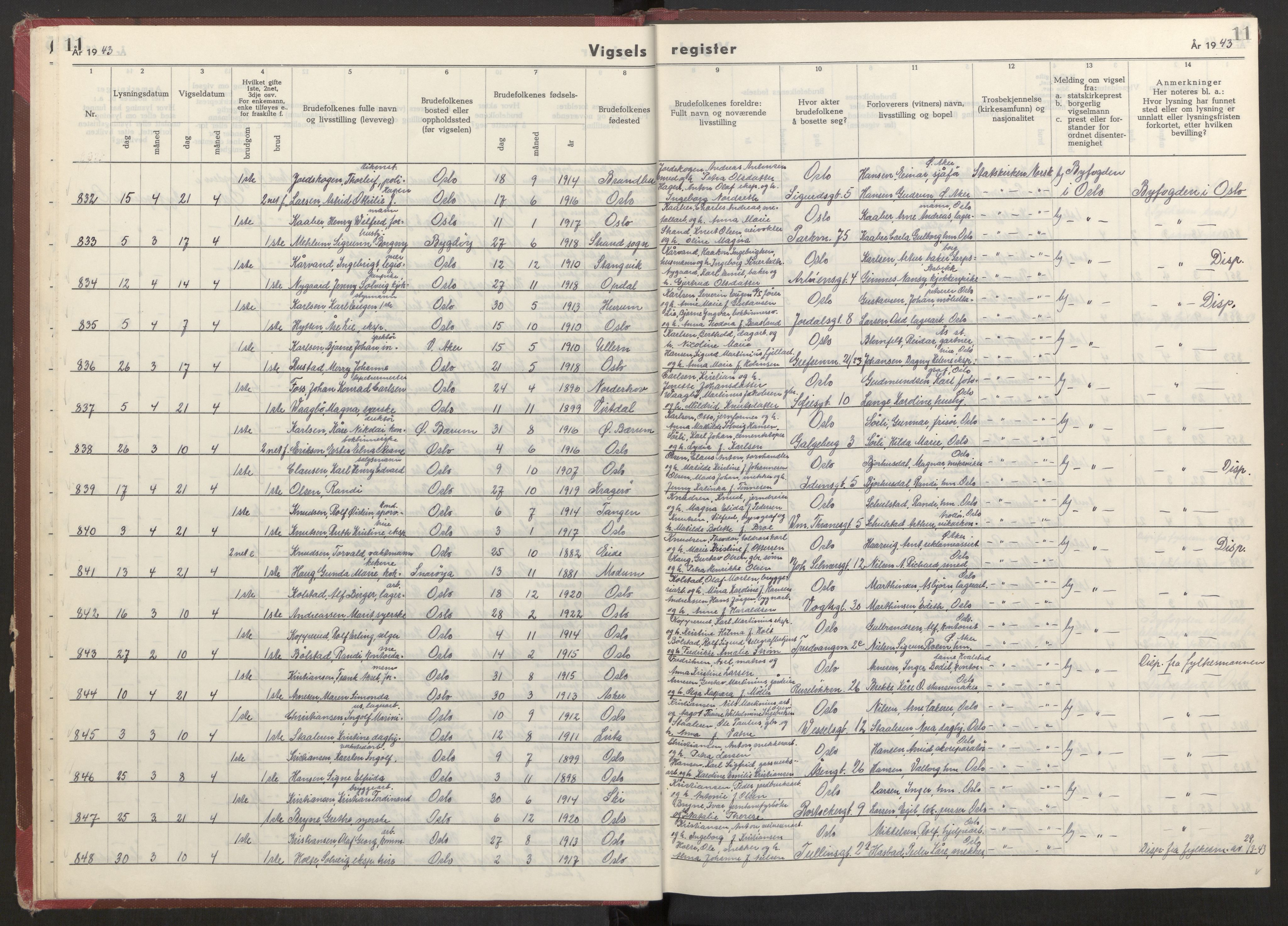 Oslo folkeregister, AV/SAO-A-10991/G/Ga/L0004: Vigselsregister for Oslo, 1943-1944, p. 11