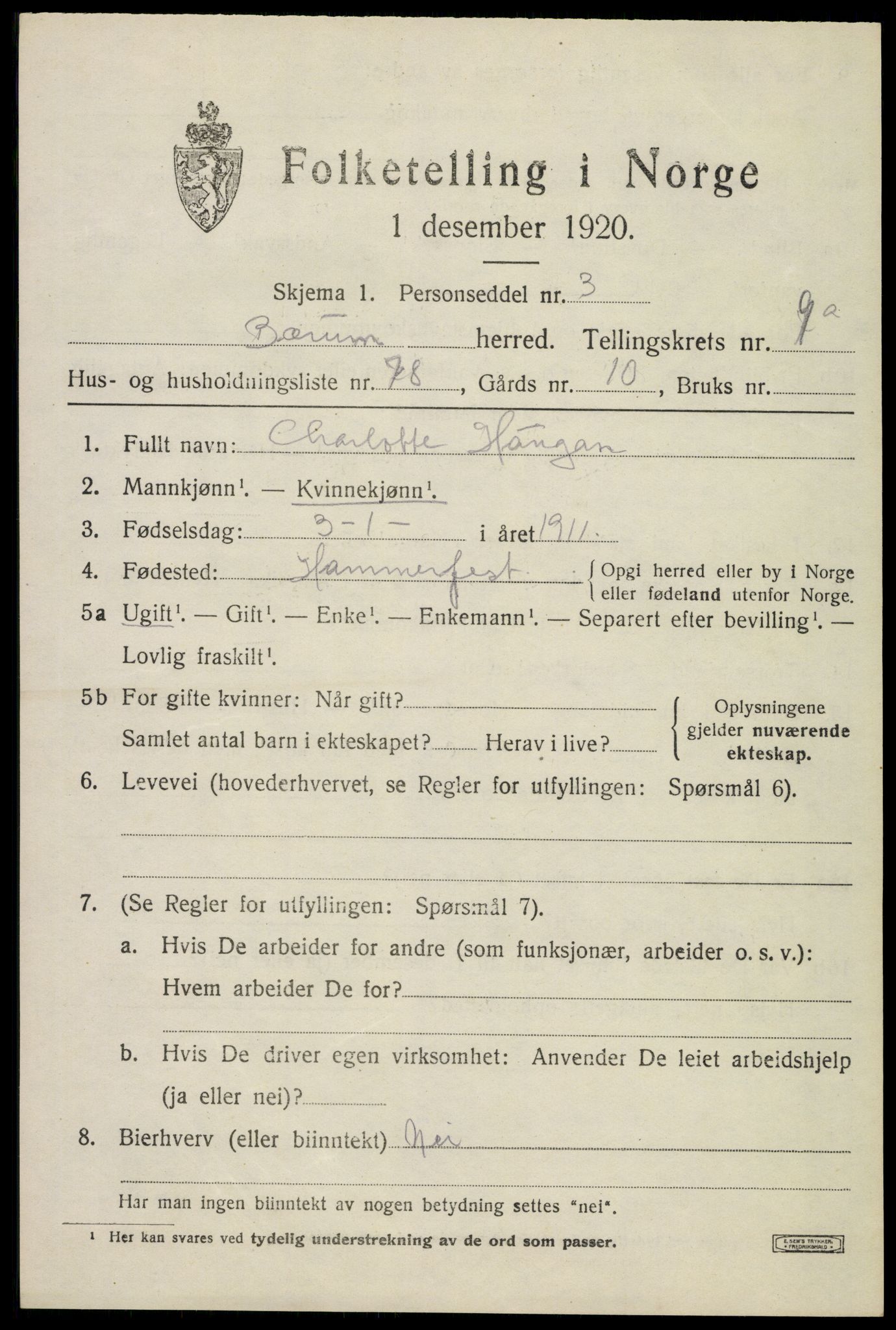 SAO, 1920 census for Bærum, 1920, p. 20012
