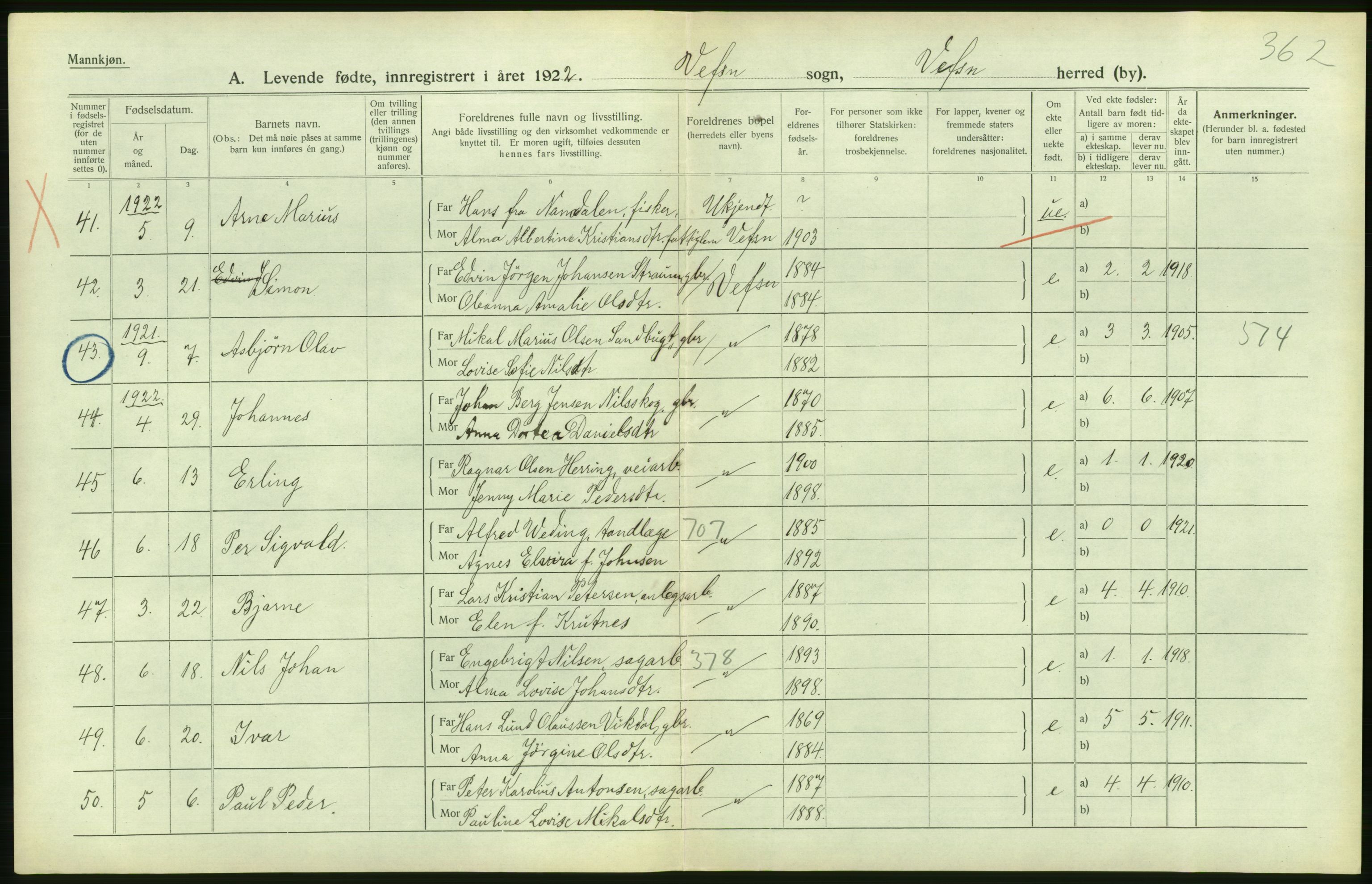 Statistisk sentralbyrå, Sosiodemografiske emner, Befolkning, AV/RA-S-2228/D/Df/Dfc/Dfcb/L0044: Nordland fylke: Levendefødte menn og kvinner. Bygder og byer., 1922, p. 348