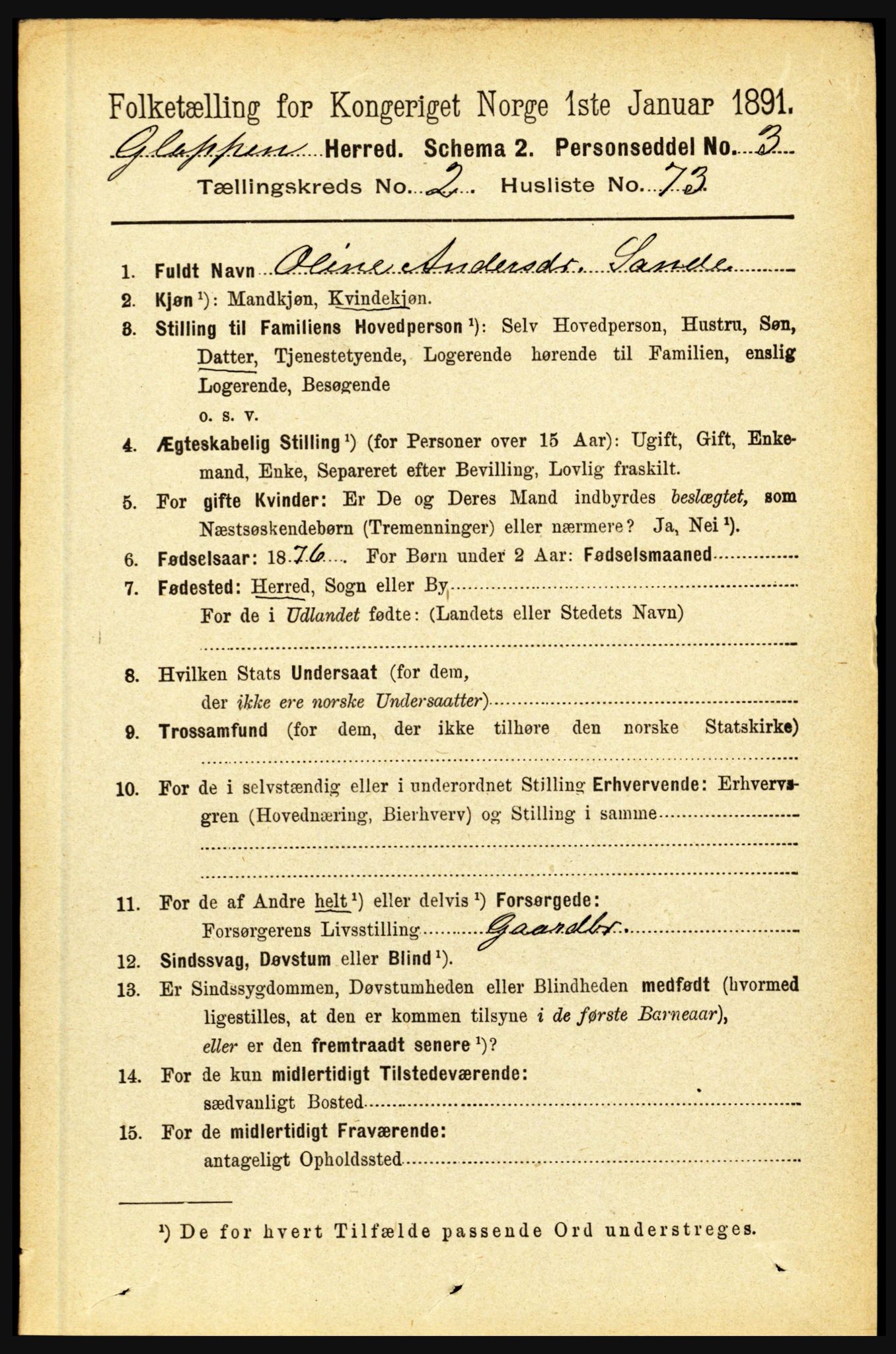 RA, 1891 census for 1445 Gloppen, 1891, p. 1130