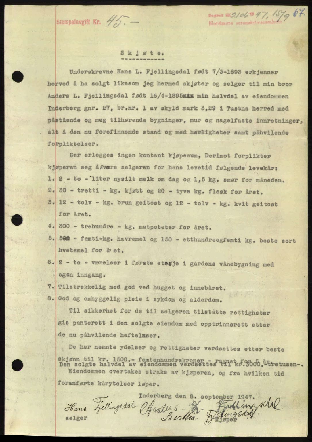 Nordmøre sorenskriveri, AV/SAT-A-4132/1/2/2Ca: Mortgage book no. A106, 1947-1947, Diary no: : 2106/1947