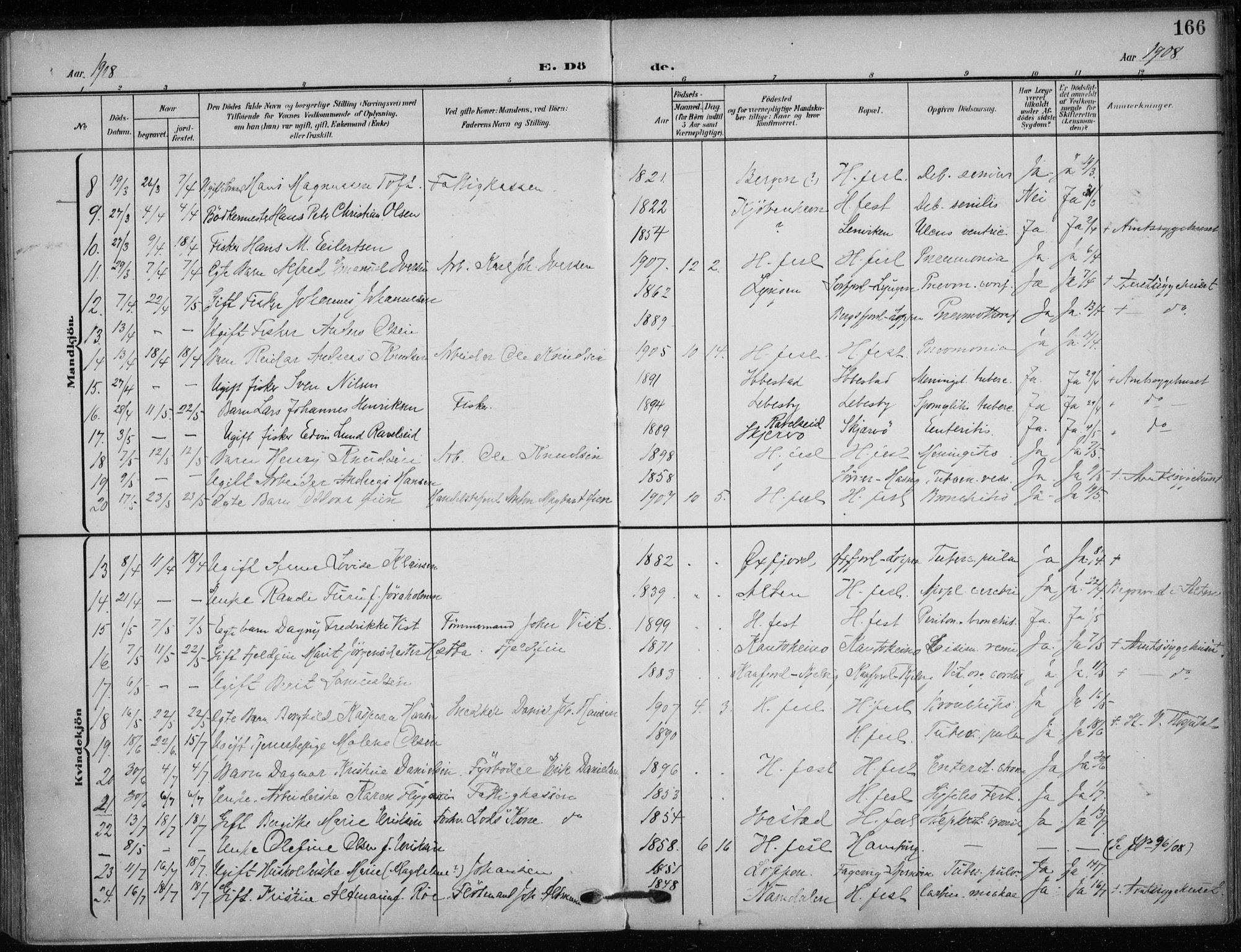 Hammerfest sokneprestkontor, SATØ/S-1347/H/Ha/L0014.kirke: Parish register (official) no. 14, 1906-1916, p. 166