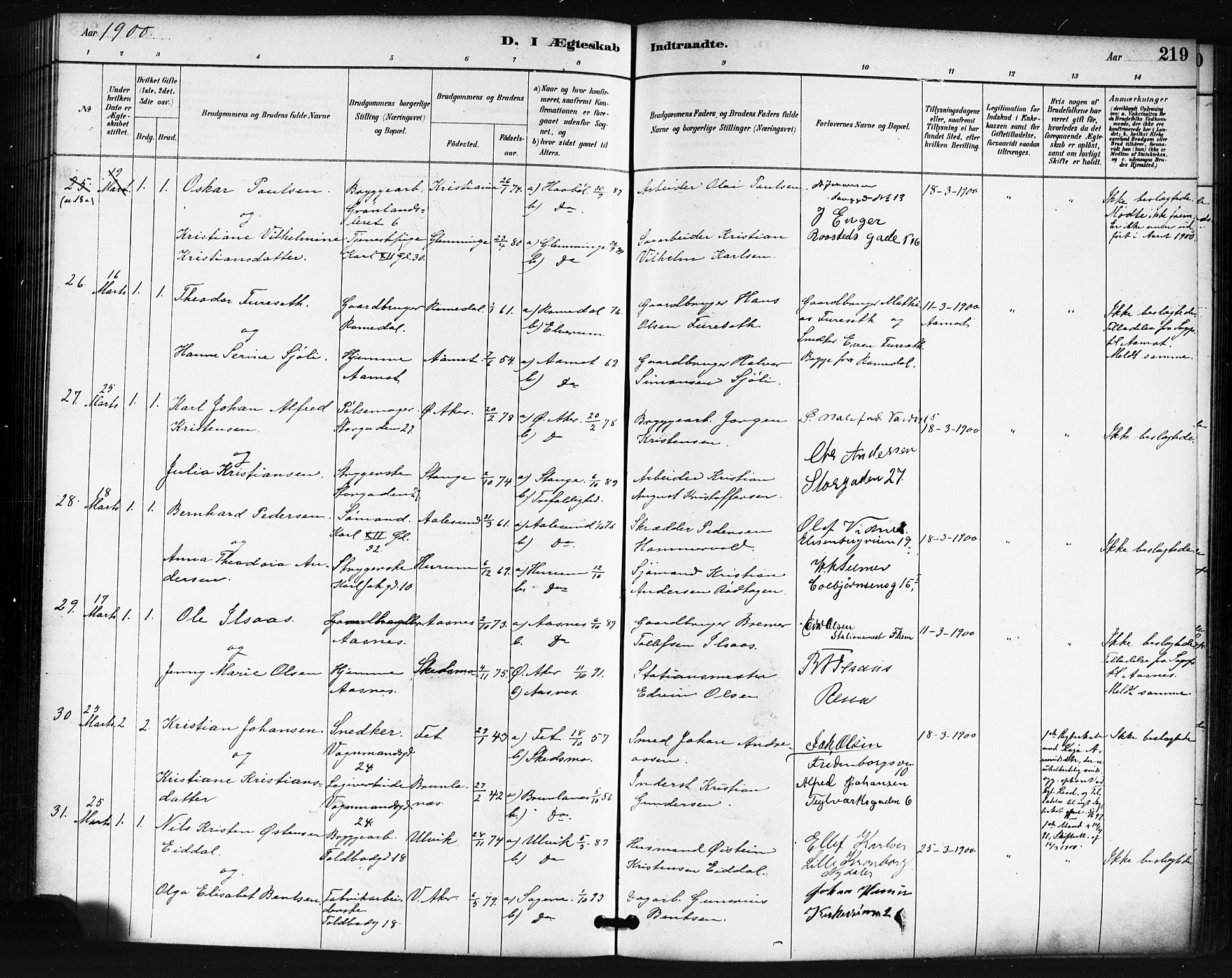 Oslo domkirke Kirkebøker, SAO/A-10752/F/Fa/L0032: Parish register (official) no. 32, 1885-1902, p. 219