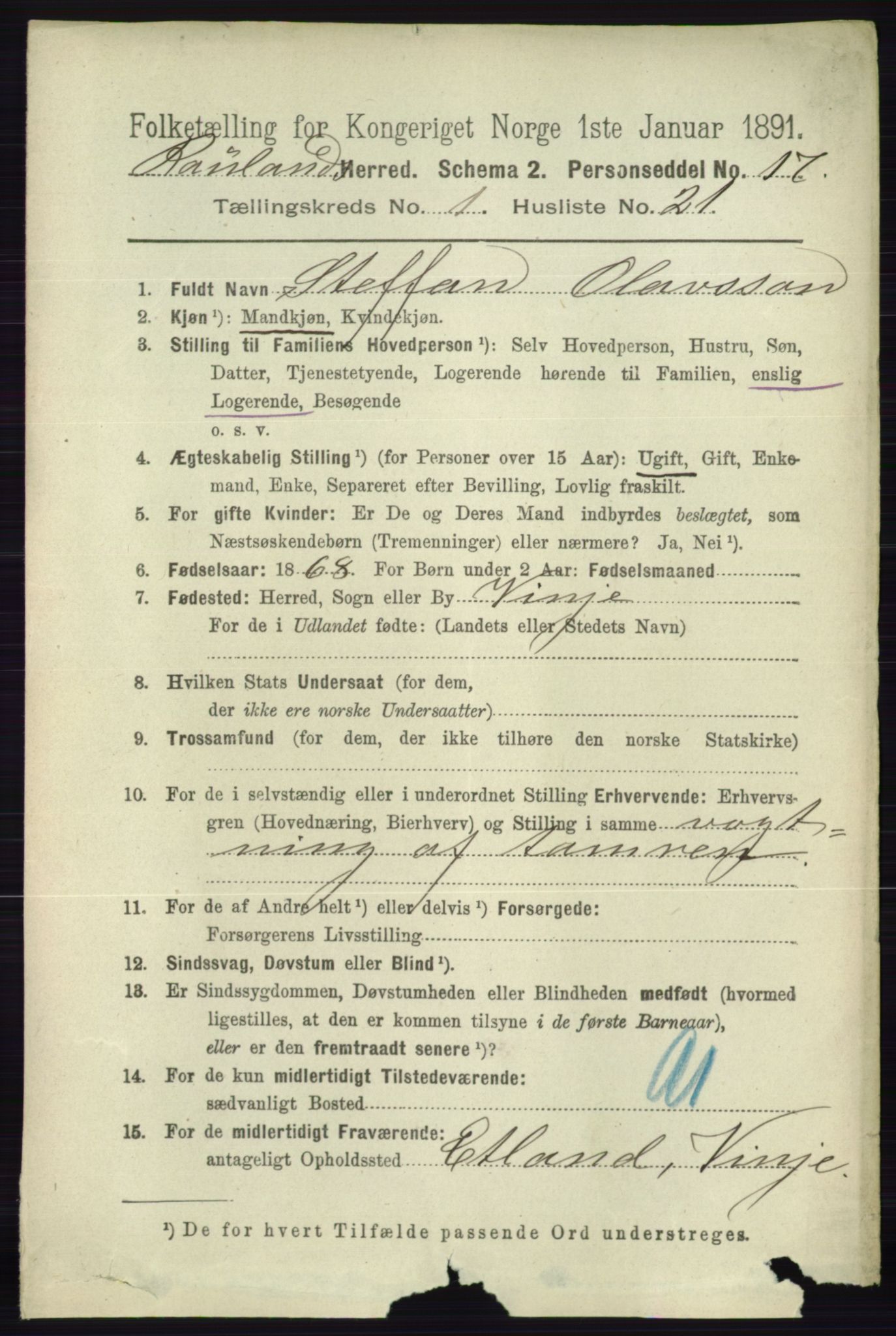 RA, 1891 census for 0835 Rauland, 1891, p. 179