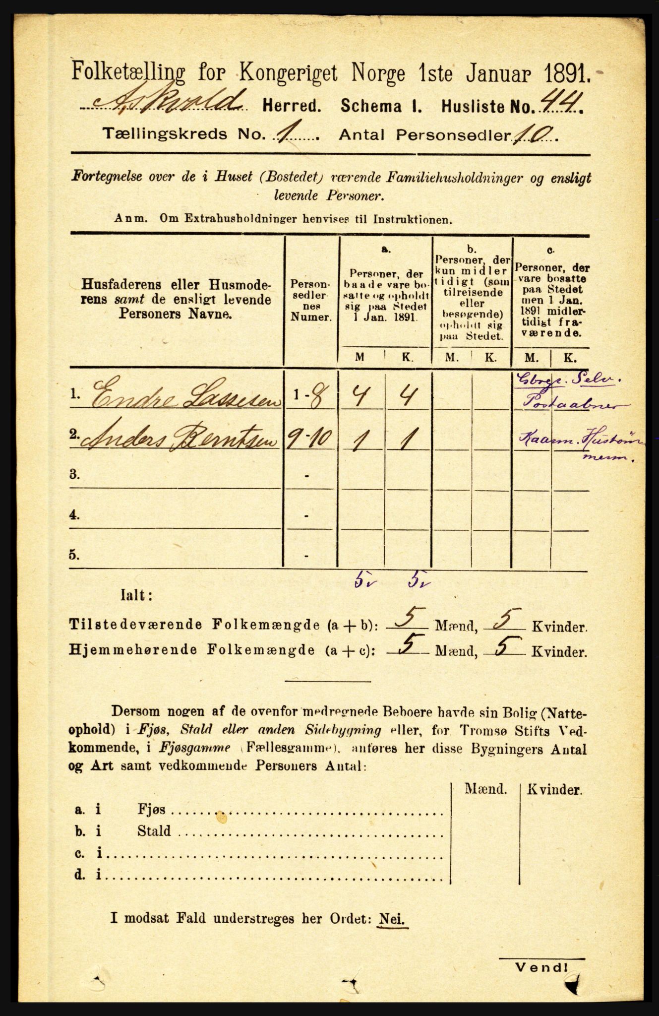 RA, 1891 census for 1428 Askvoll, 1891, p. 70