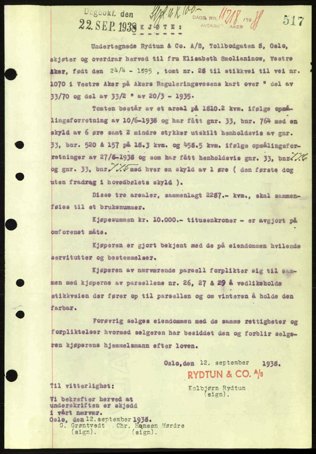 Aker herredsskriveri, SAO/A-10896/G/Gb/Gba/Gbab/L0025: Mortgage book no. A154-155, 1938-1938, Diary no: : 11218/1938