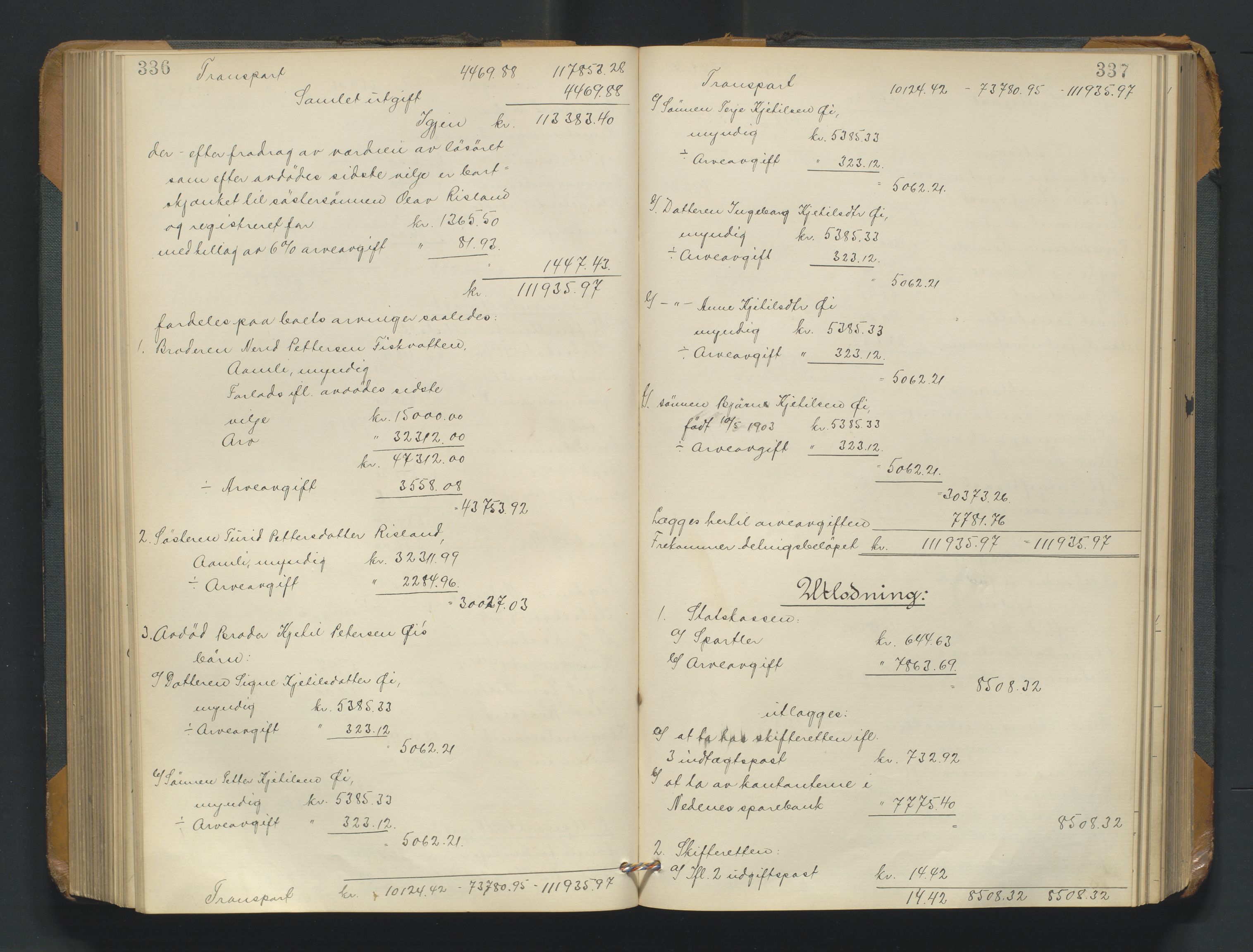 Nedenes sorenskriveri, AV/SAK-1221-0006/H/Hc/L0021: Skifteutlodningsprotokoll nr 7, 1913-1919, p. 336-337