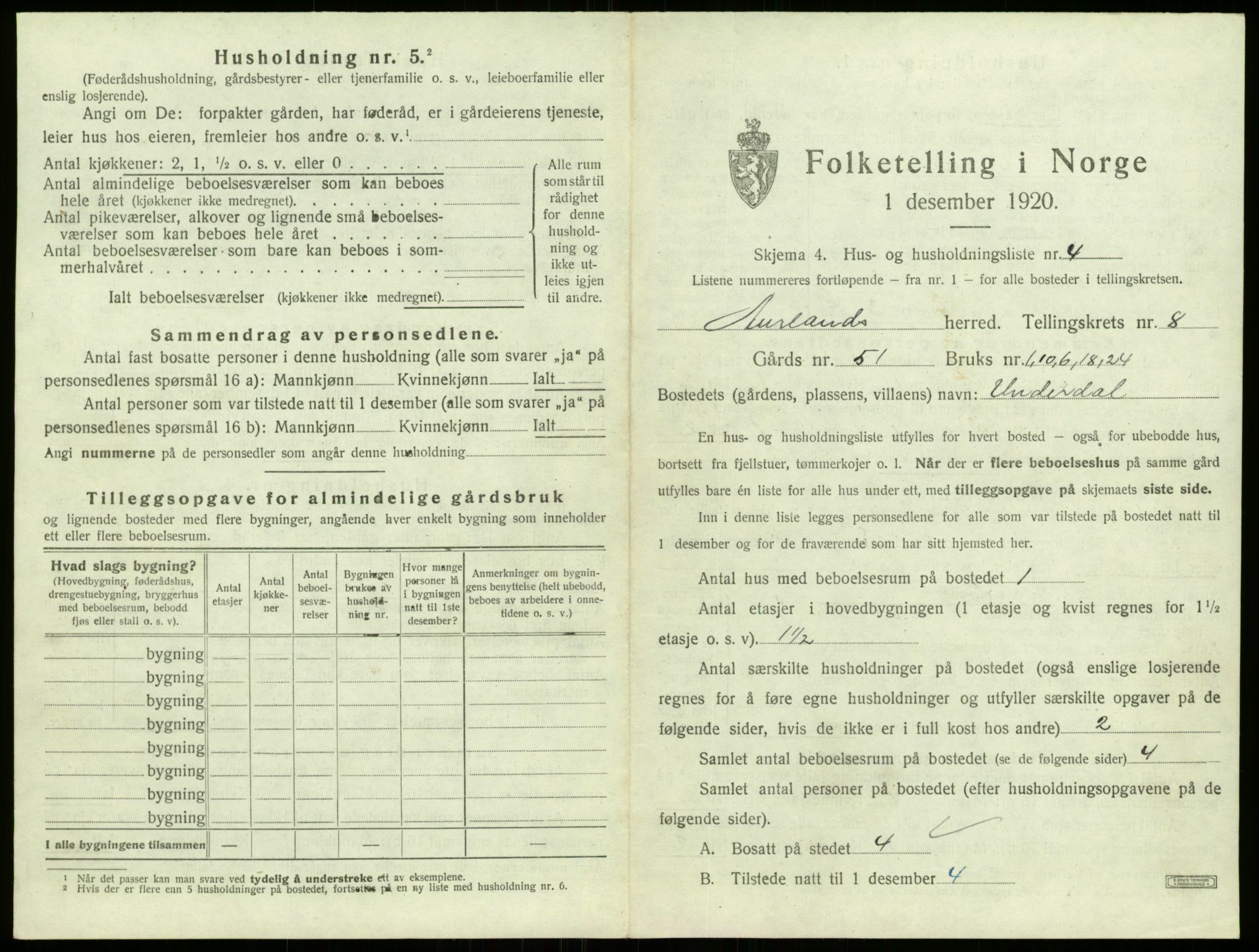 SAB, 1920 census for Aurland, 1920, p. 596