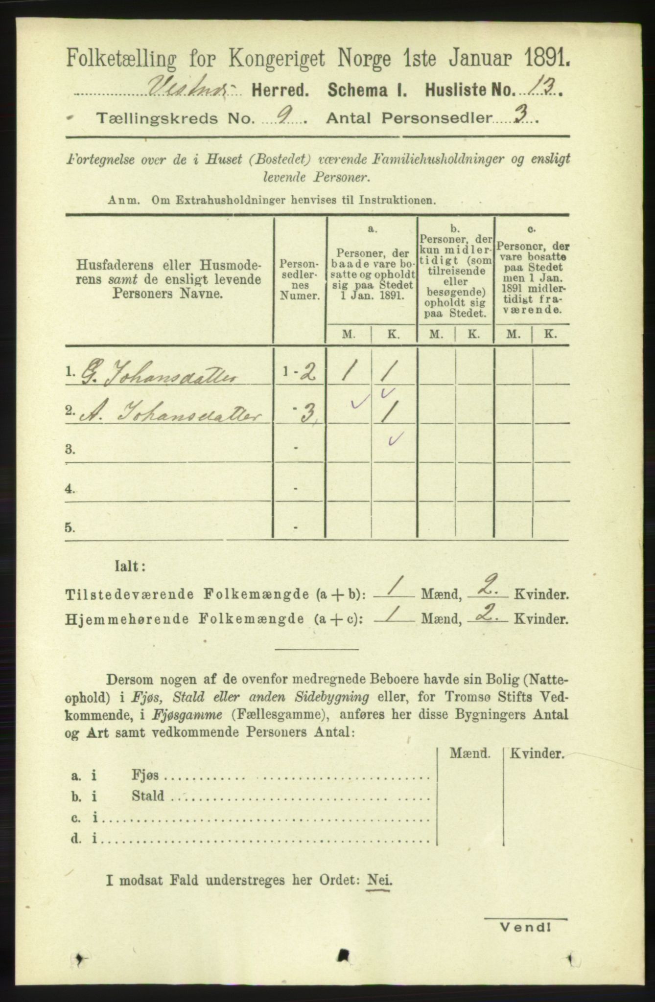 RA, 1891 census for 1535 Vestnes, 1891, p. 3333