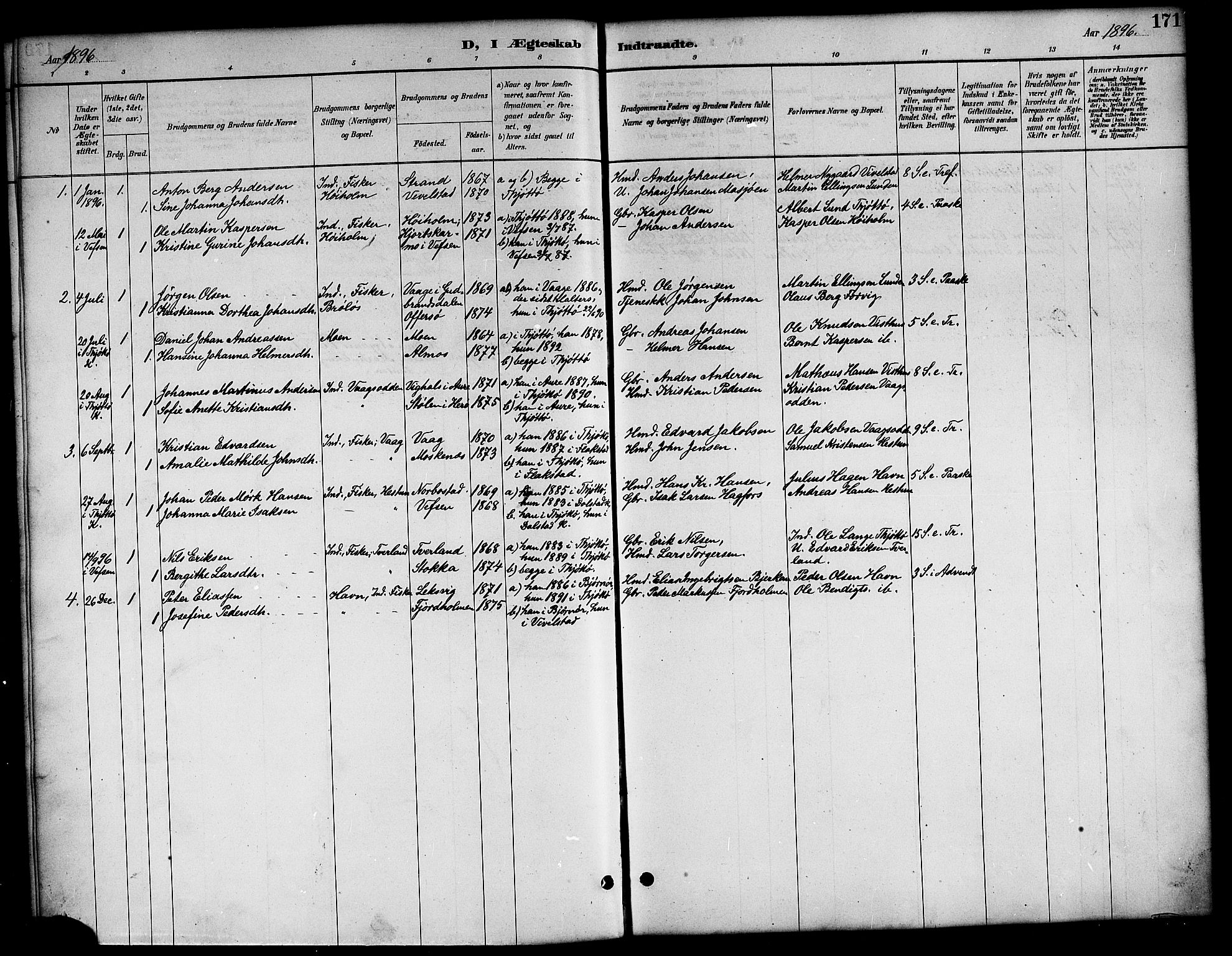 Ministerialprotokoller, klokkerbøker og fødselsregistre - Nordland, AV/SAT-A-1459/819/L0277: Parish register (copy) no. 819C03, 1888-1917, p. 171